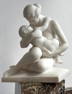 French Carrara Marble Sculpture, 19th Century Nude Neoclassical Mother & Child
