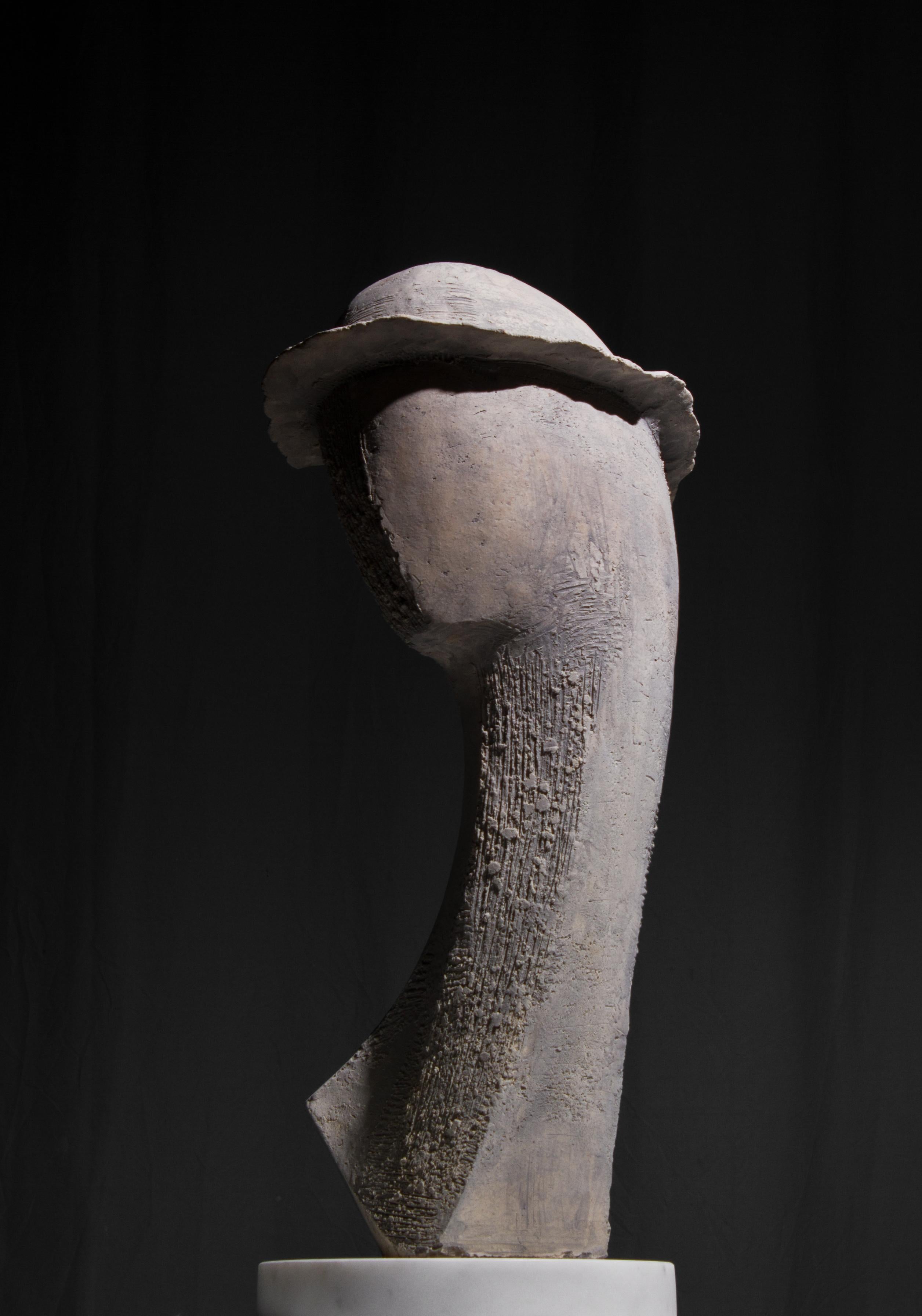 Ceramic abstract face with hat, Original Ceramic Sculpture - Black Figurative Sculpture by Vangelis Ilias