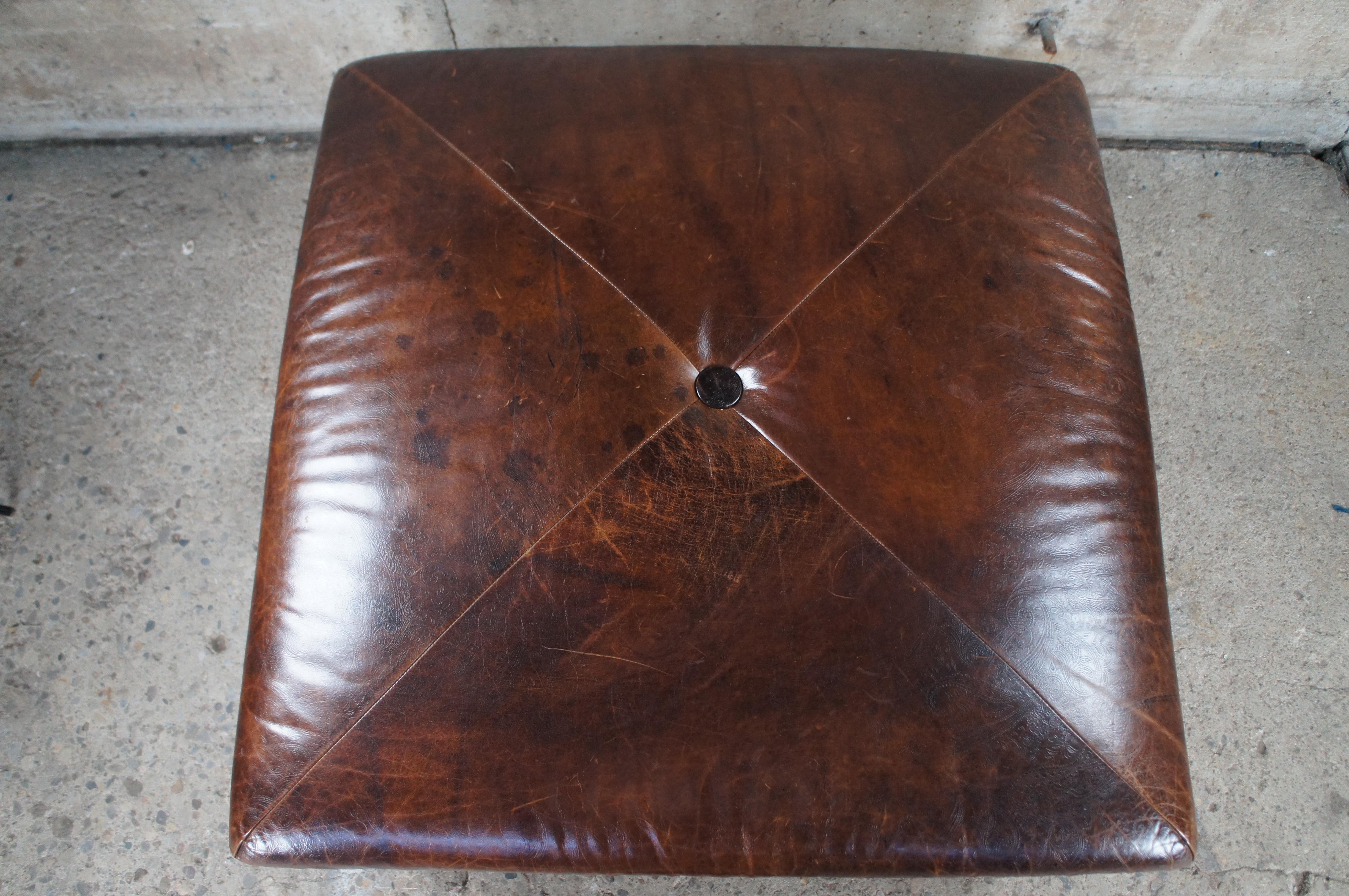 Vanguard Brown Leather Square Tooled Paisley Nailhead Ottoman 41