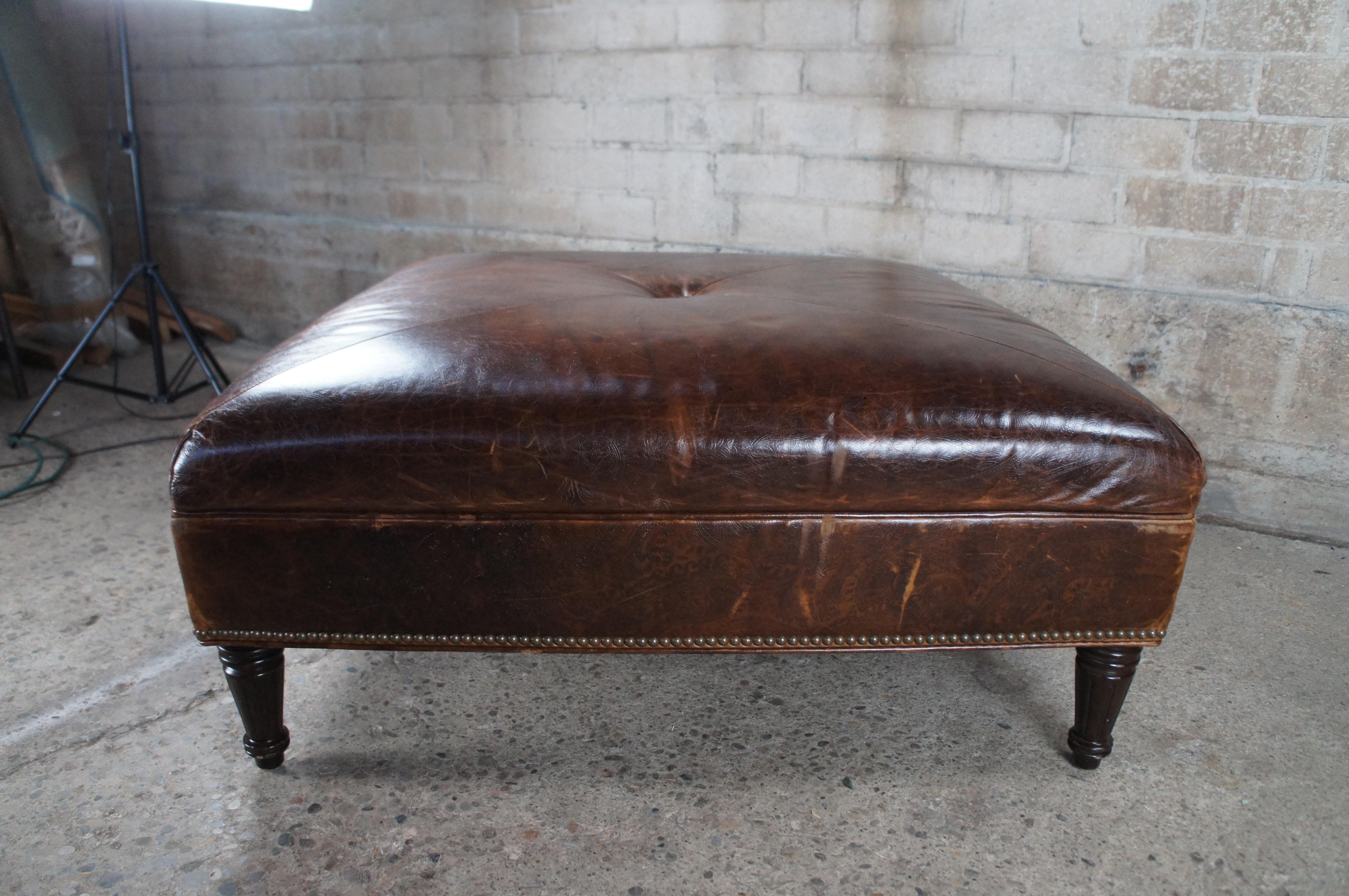 Vanguard Brown Leather Square Tooled Paisley Nailhead Ottoman 41