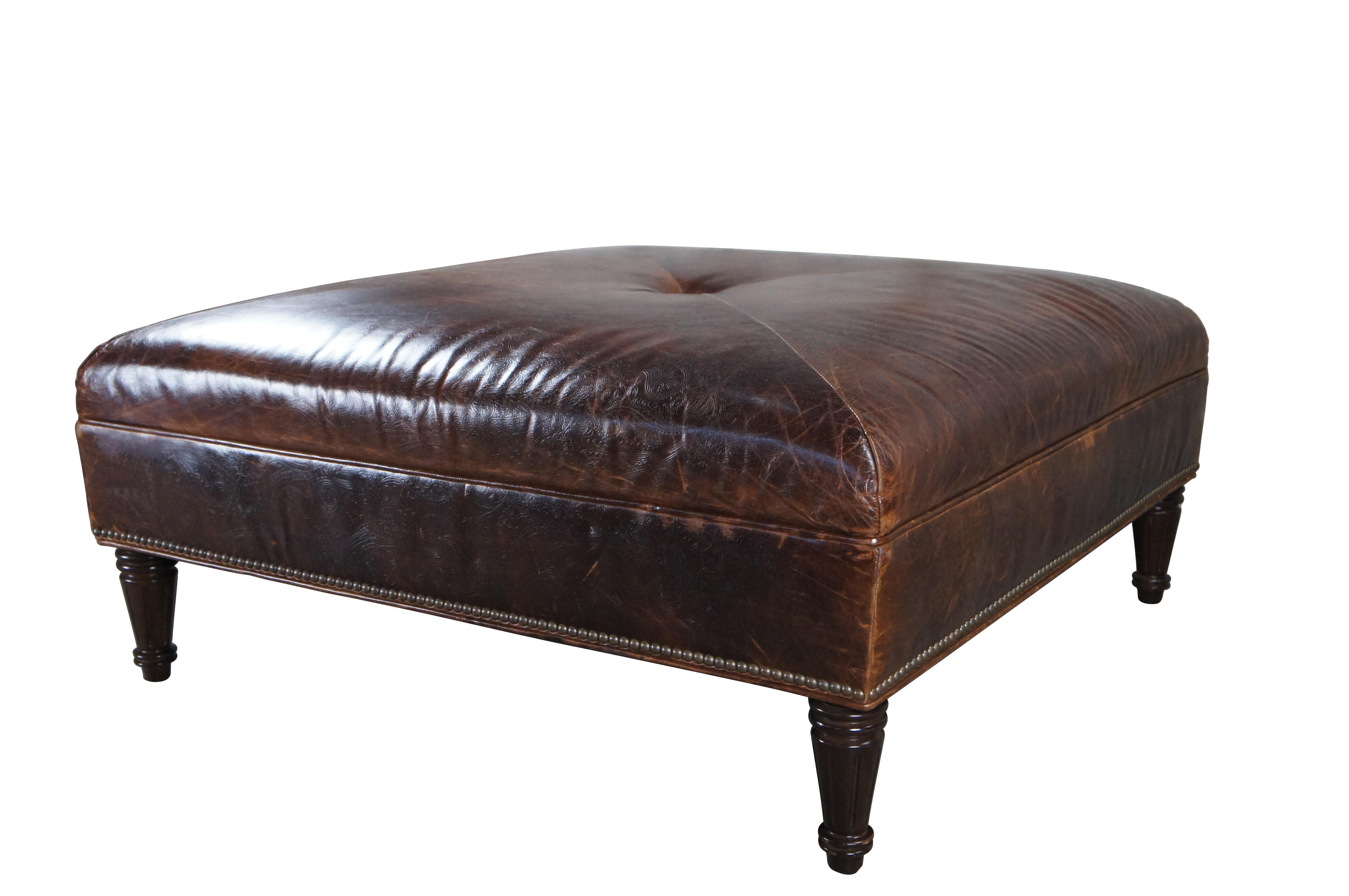 Modern Vanguard Brown Leather Square Tooled Paisley Nailhead Ottoman 41