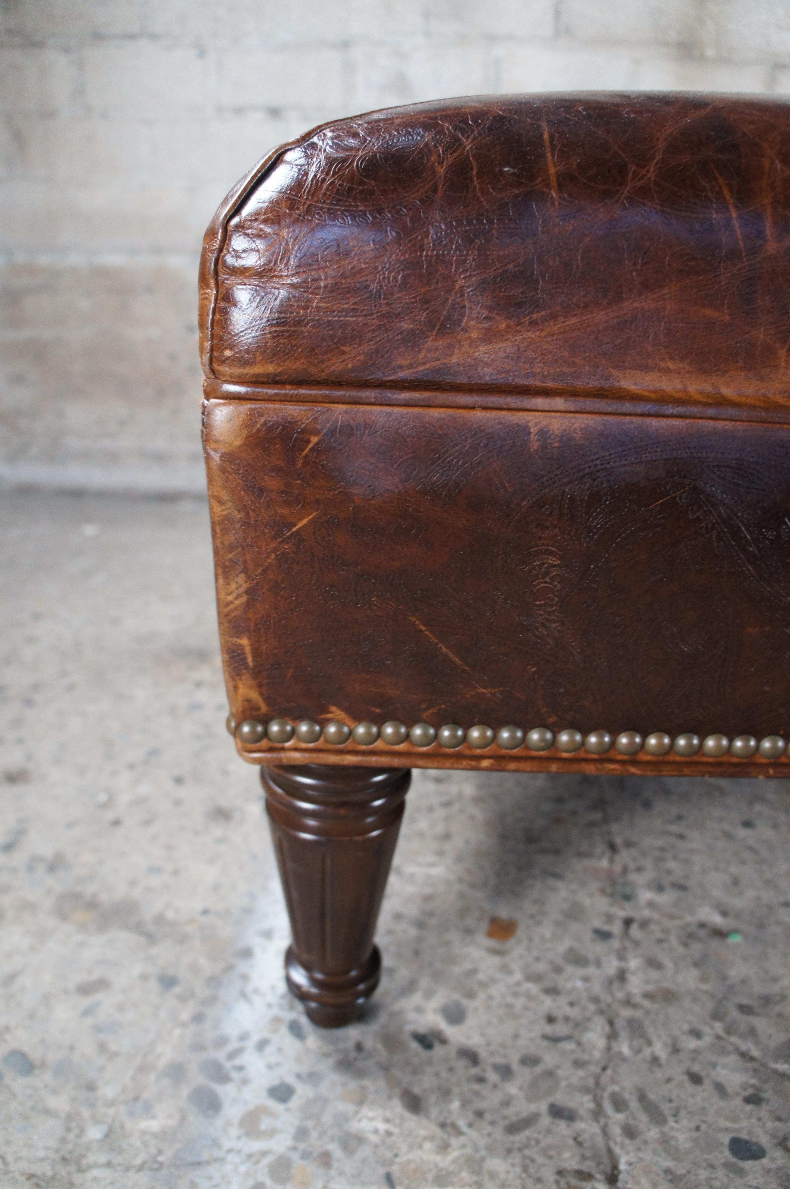 Vanguard Brown Leather Square Tooled Paisley Nailhead Ottoman 41