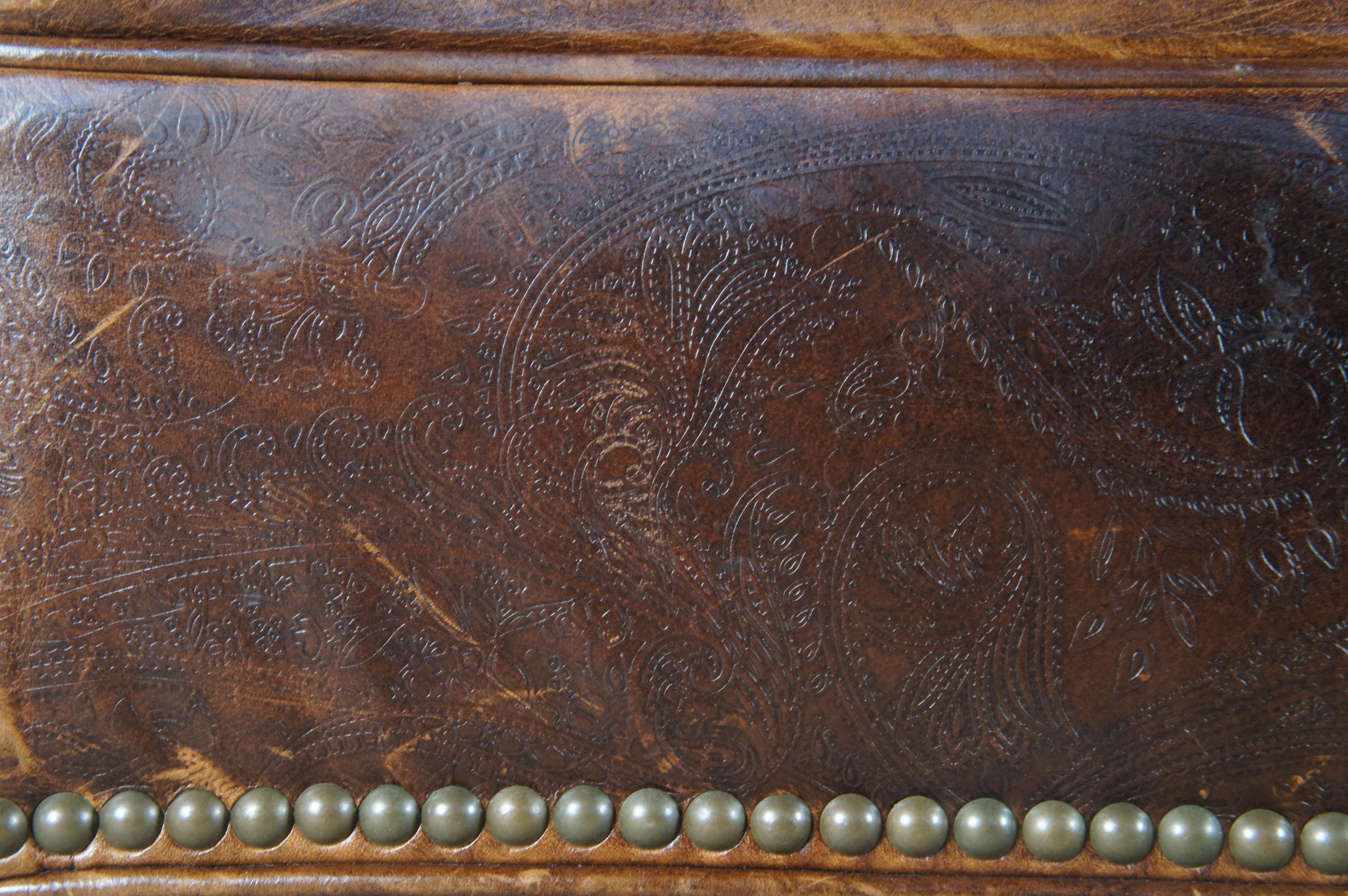 Vanguard Brown Leather Square Tooled Paisley Nailhead Ottoman 41