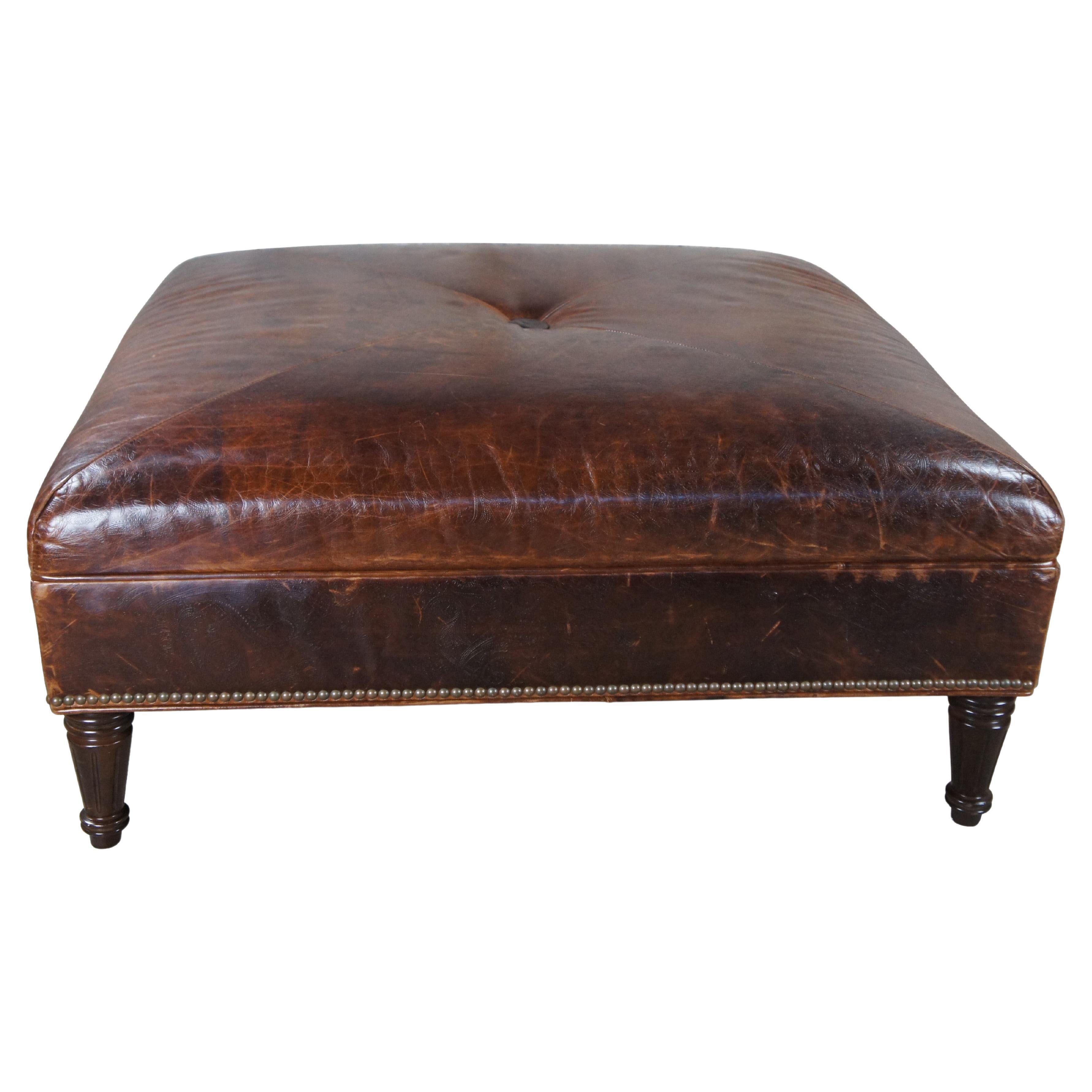 Vanguard Brown Leather Square Tooled Paisley Nailhead Ottoman 41" For Sale