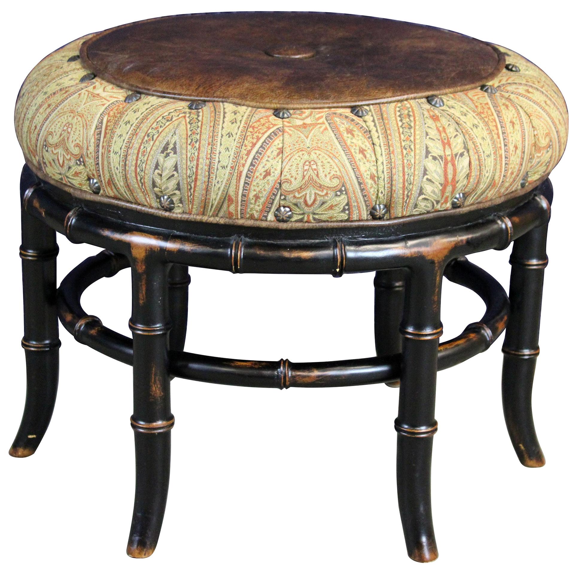 Vanguard Furniture Round Leather and Paisley Faux Bamboo Ottoman Bench Pouf