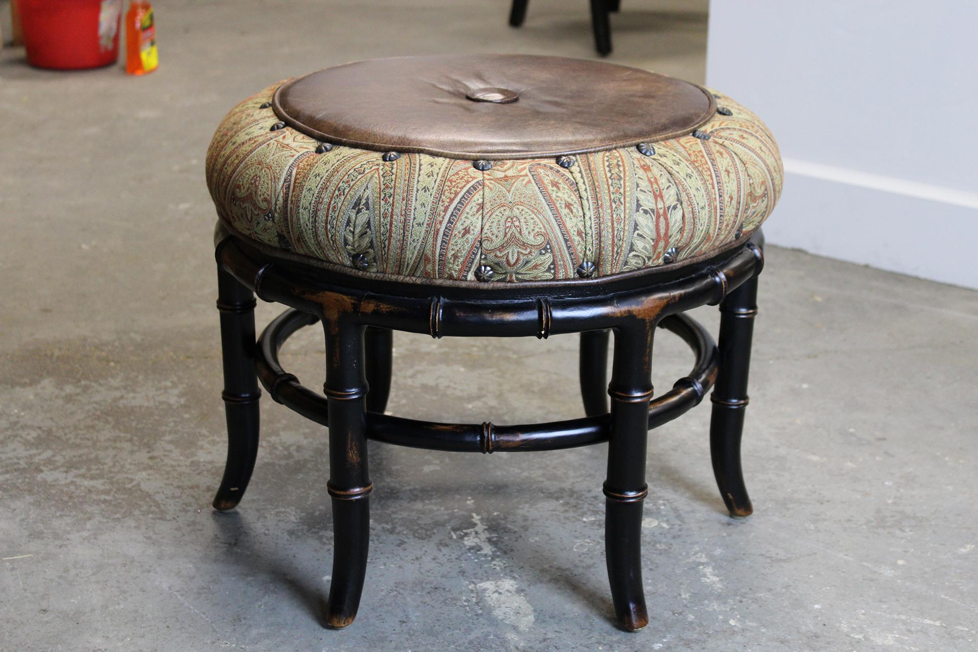 Vanguard Furniture Round Leather and Paisley Faux Bamboo Ottoman Bench Pouf For Sale 2