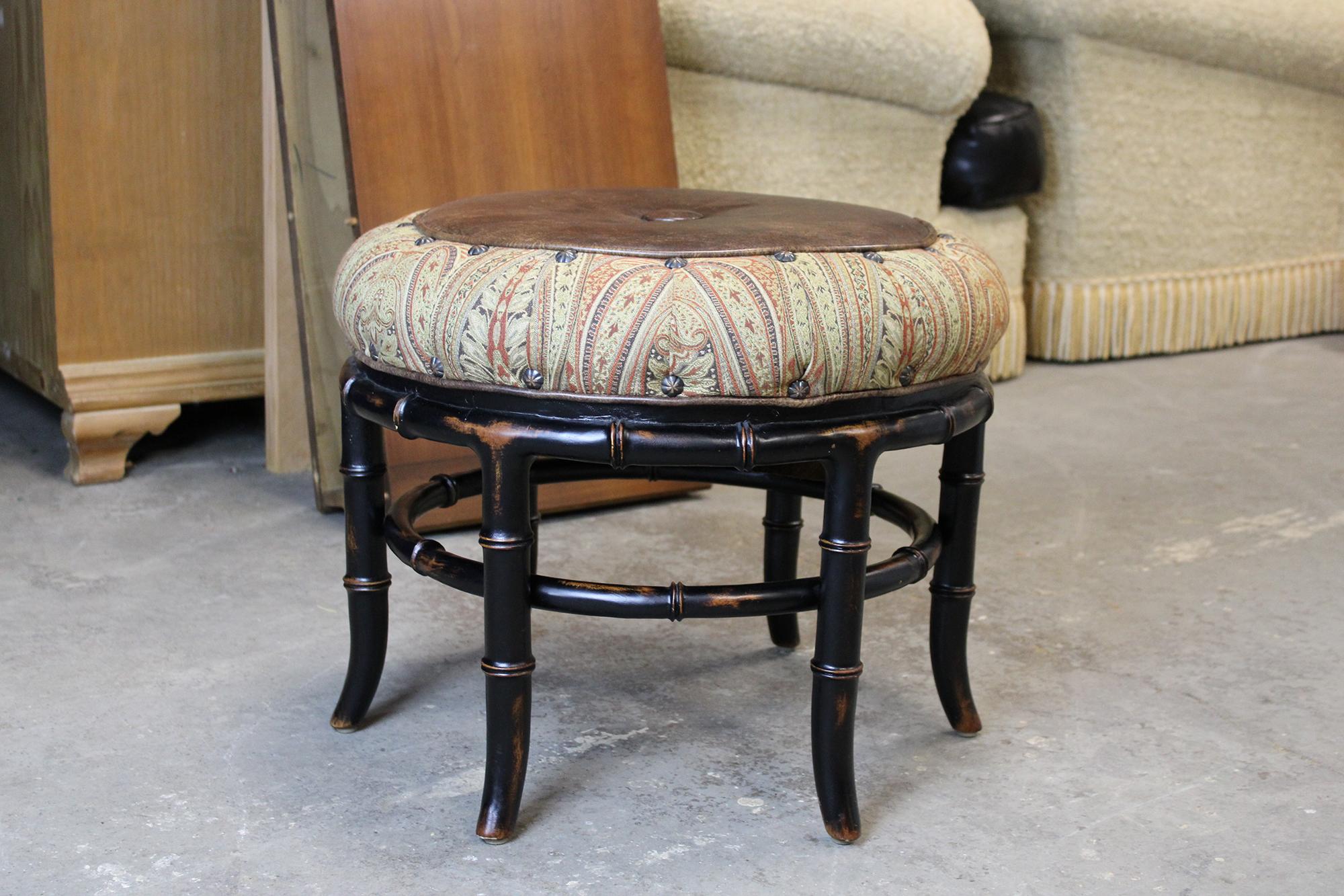Vanguard Furniture Round Leather and Paisley Faux Bamboo Ottoman Bench Pouf 3