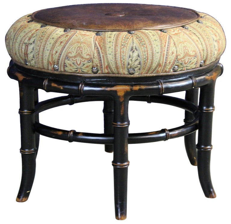 Campaign Vanguard Furniture Round Leather and Paisley Faux Bamboo Ottoman Bench Pouf For Sale