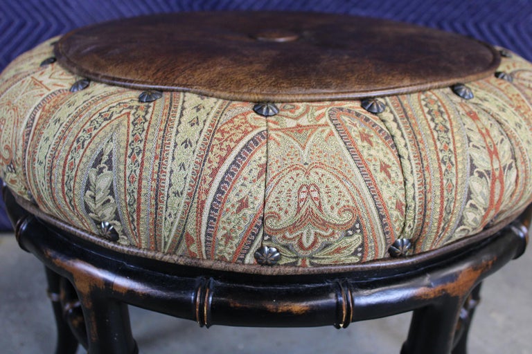 20th Century Vanguard Furniture Round Leather and Paisley Faux Bamboo Ottoman Bench Pouf For Sale