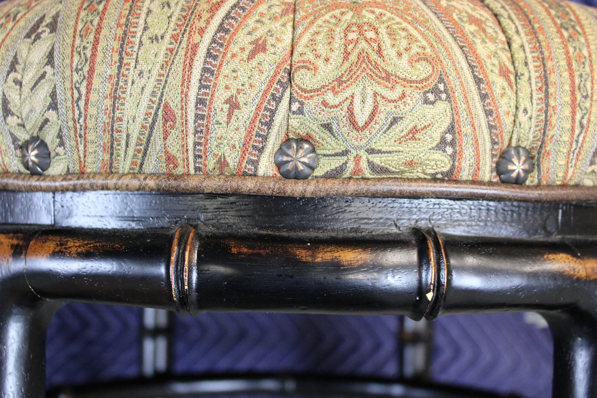 Vanguard Furniture Round Leather and Paisley Faux Bamboo Ottoman Bench Pouf In Good Condition In Dayton, OH