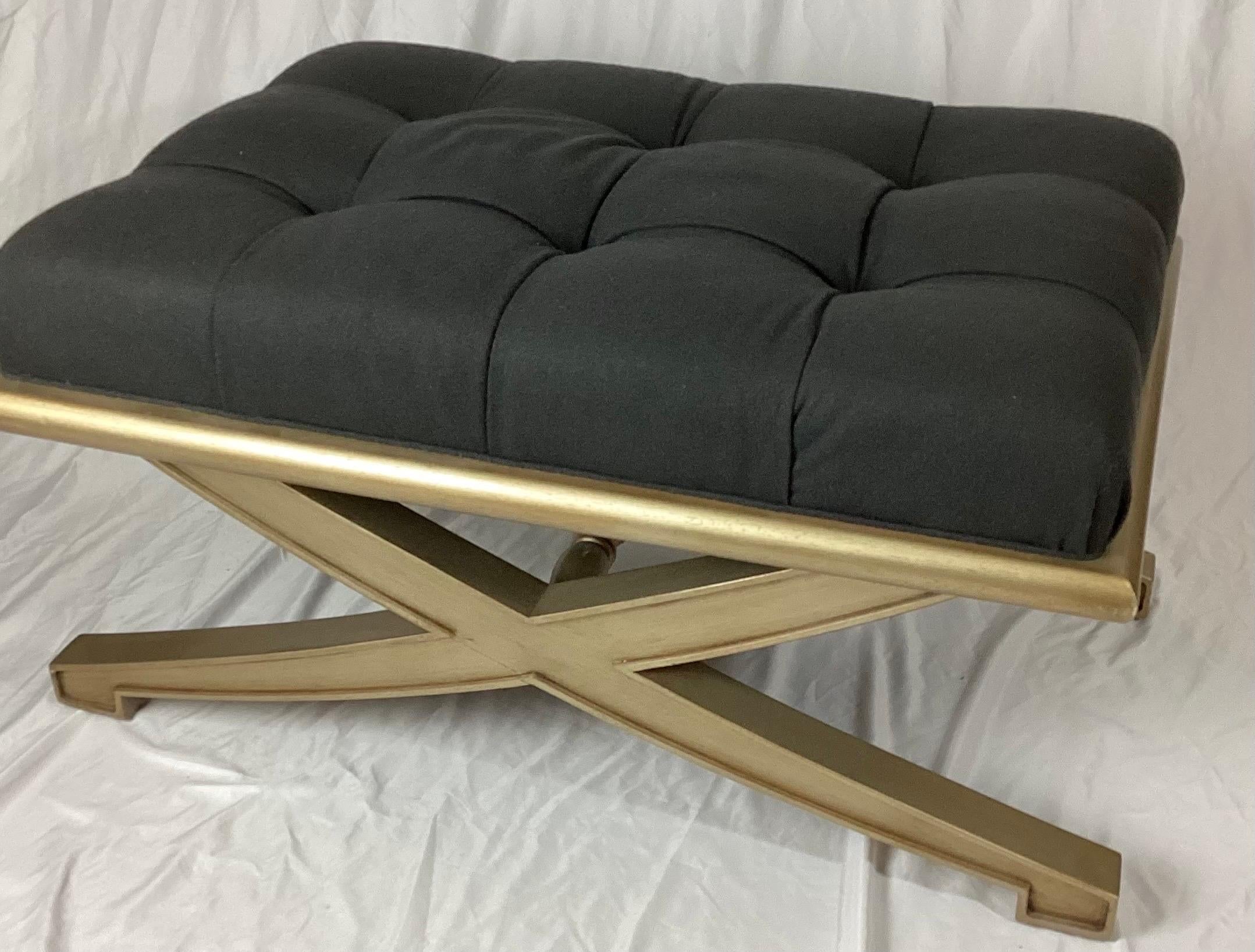 Vanguard Lytton Ottoman with Gray Flannel Tufted Seat & Metallic Gold Base In Excellent Condition For Sale In Lambertville, NJ