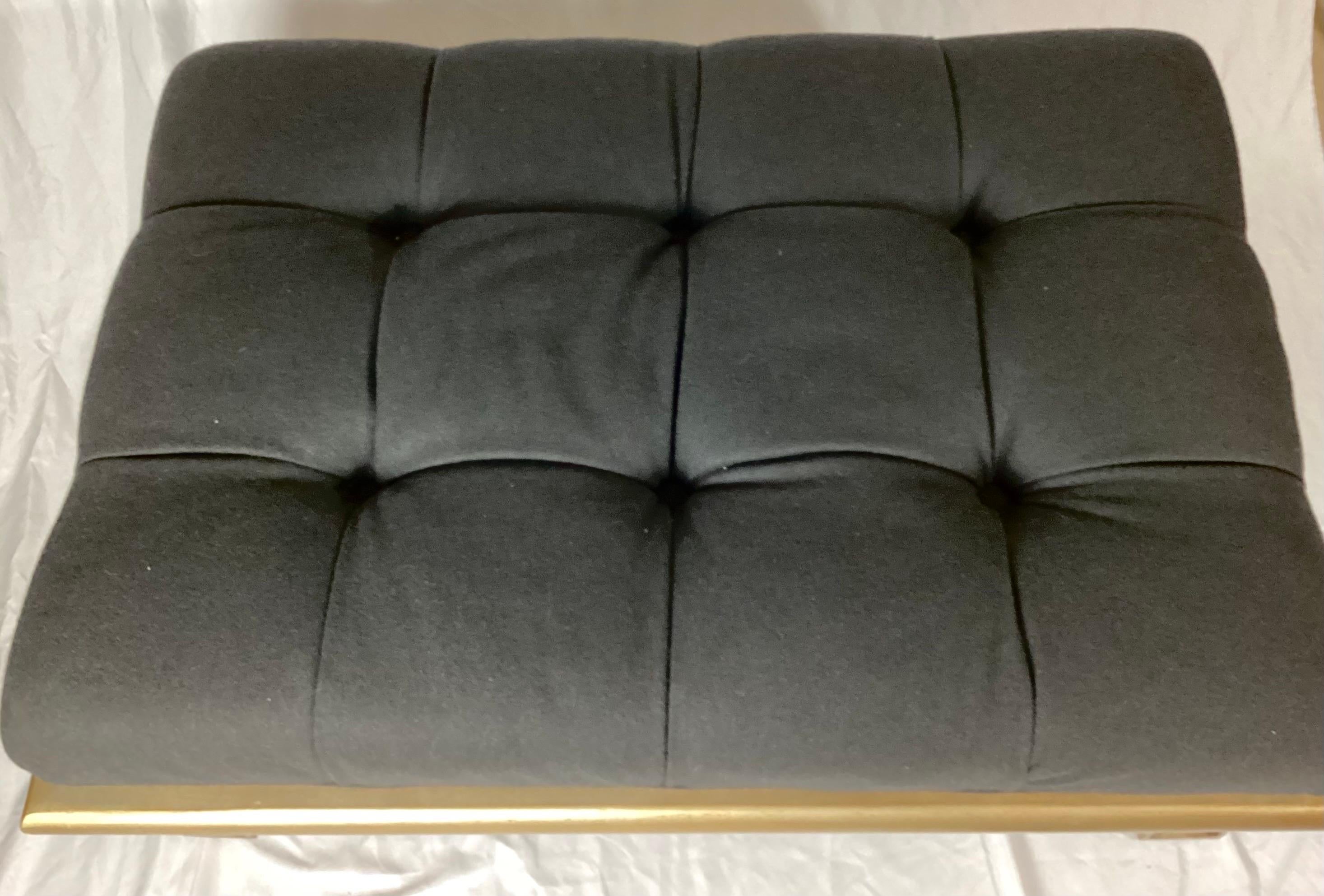 Fabric Vanguard Lytton Ottoman with Gray Flannel Tufted Seat & Metallic Gold Base For Sale