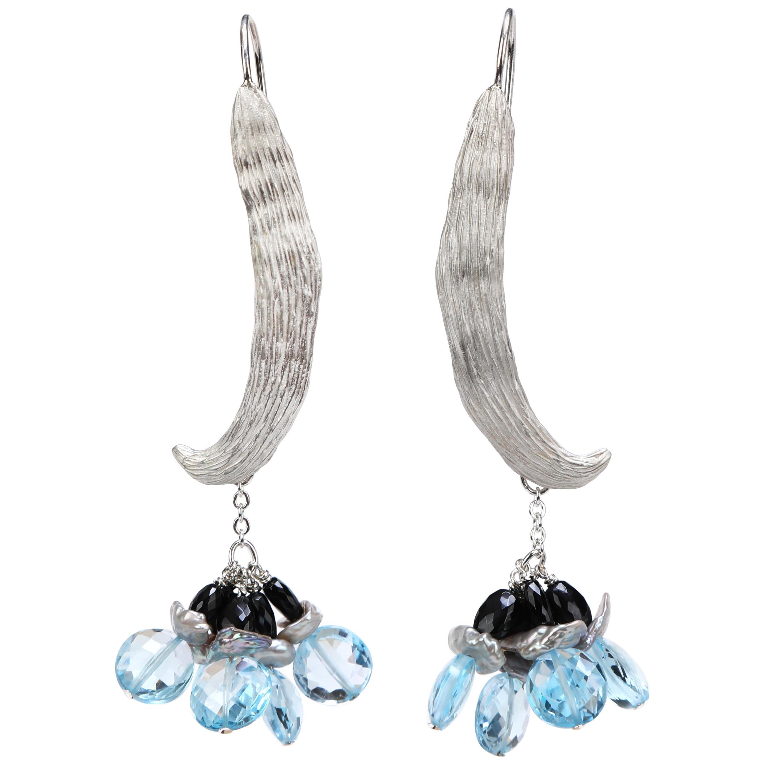 Sky Blue Topaz, Pearl, Black Spinel, and Silver Dangle Ear Wires For Sale
