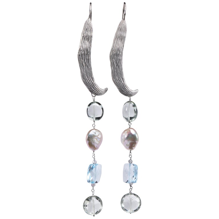 Dangle Earrings Topaz, Prasiolite, Pearl, and Silver For Sale at 1stDibs