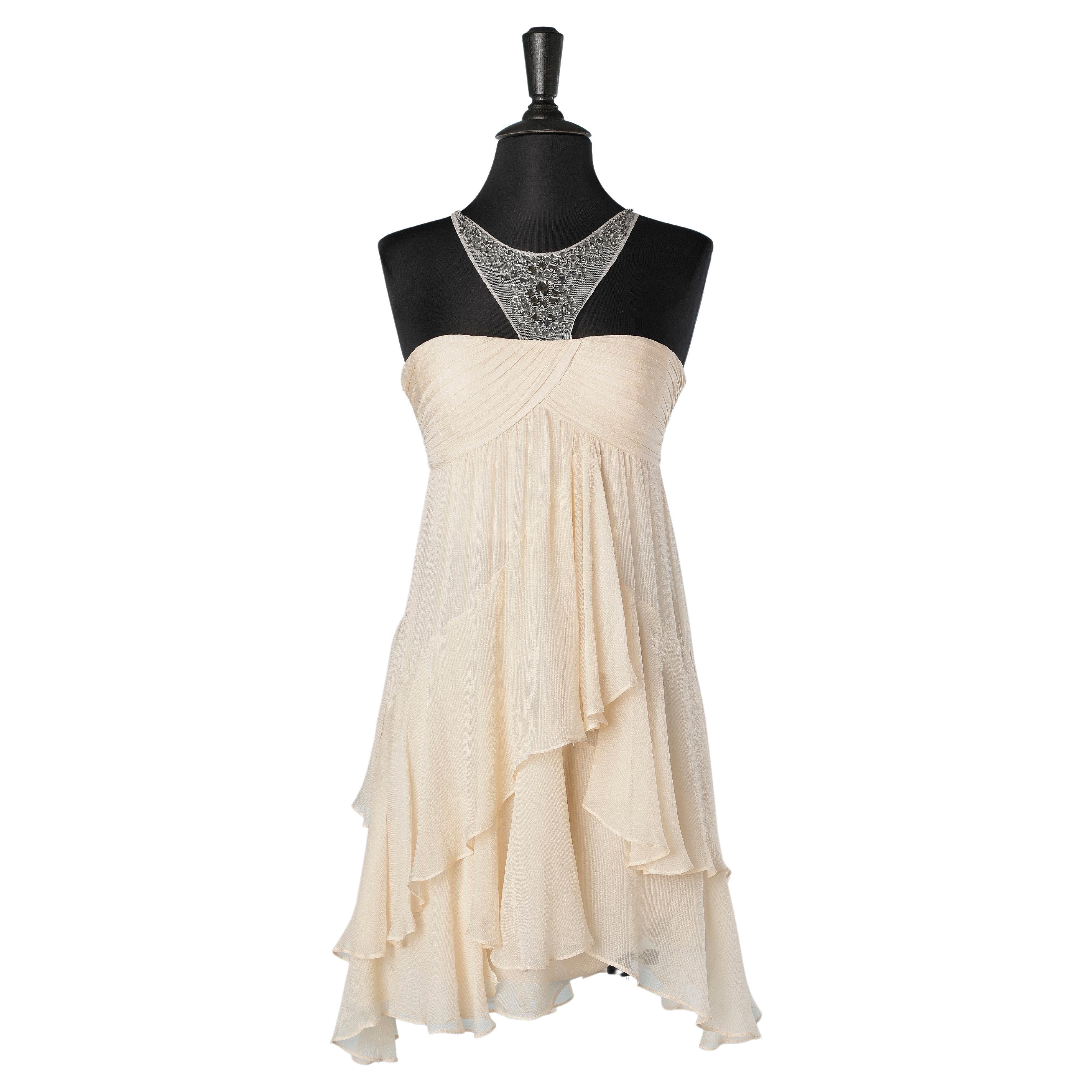 Vanilla silk chiffon cocktail dress with rhinestone embellishment For Sale