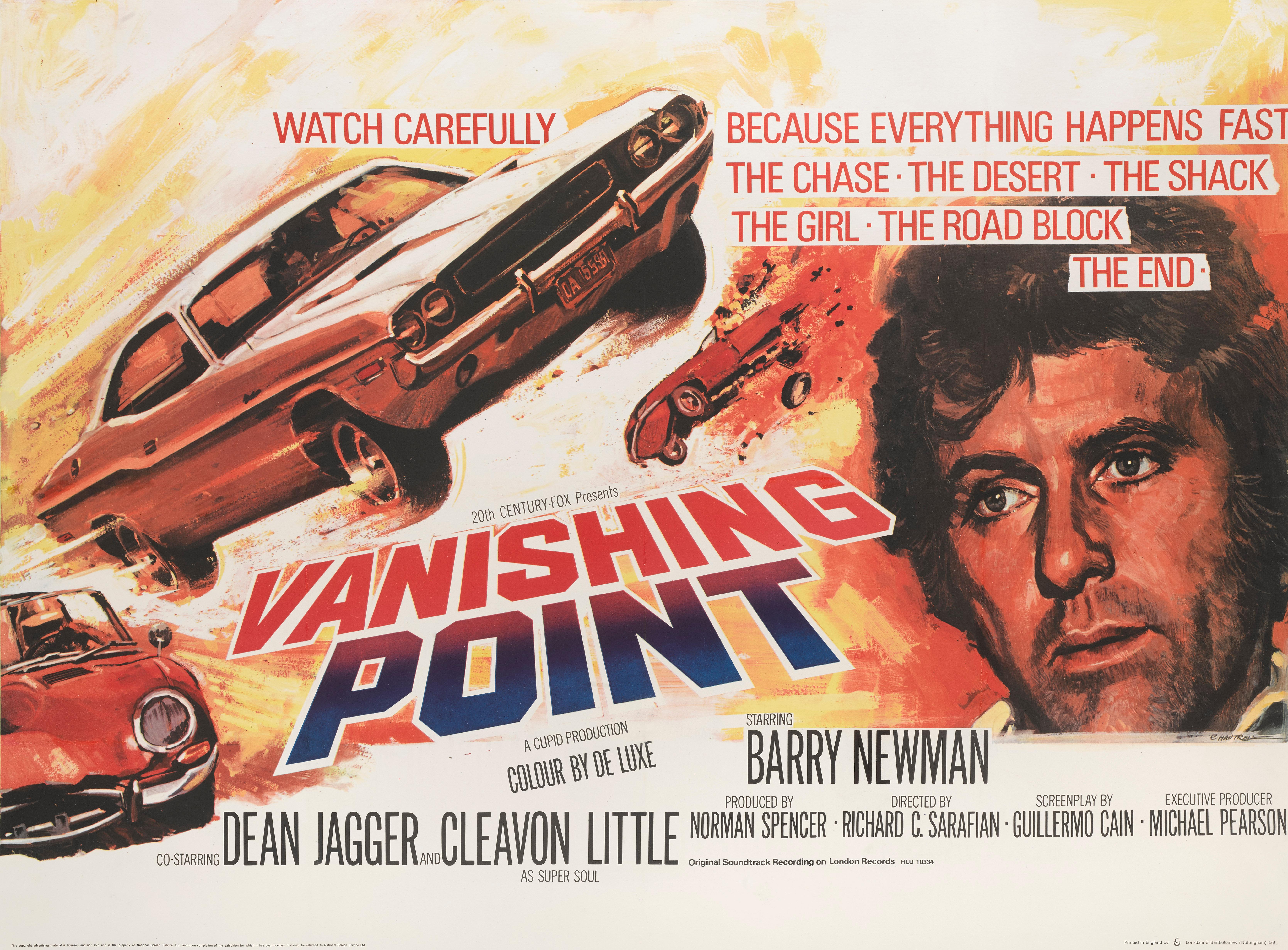 Affiche originale britannique pour le film culte Vanishing Point (1971).
Ce film met en vedette Barry Newman, Cleavon Little et Charlotte Rampling et a été réalisé par Richard  C. Sarafian.
L'Artistics est une œuvre de l'artiste britannique Tom