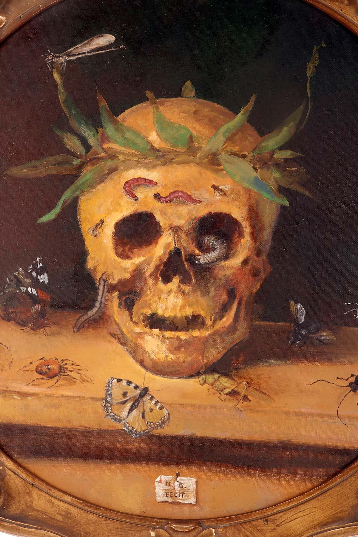 Vanitas, óleo sobre lienzo con una pequeña cartela, Italia hacia 1850. Italiano en venta