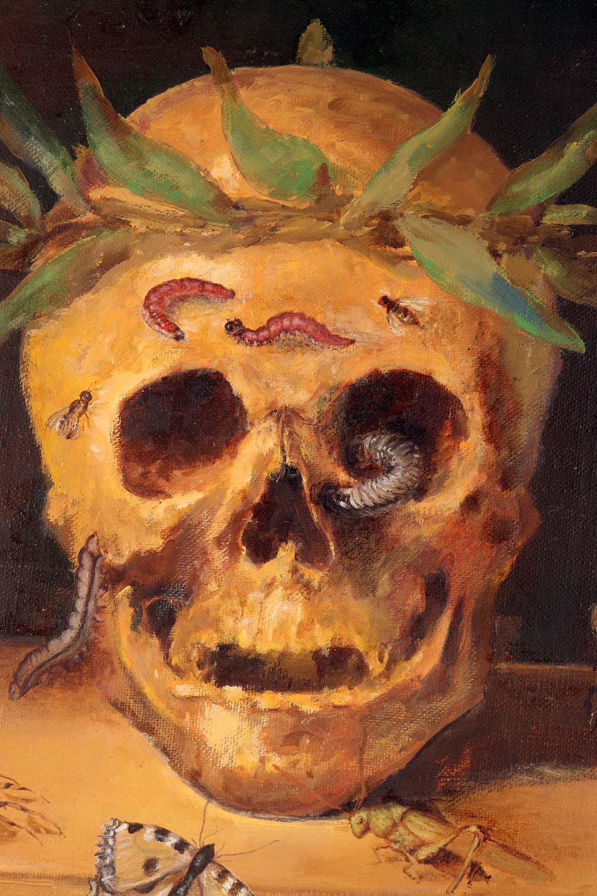 Vanitas, óleo sobre lienzo con una pequeña cartela, Italia hacia 1850. Lienzo en venta