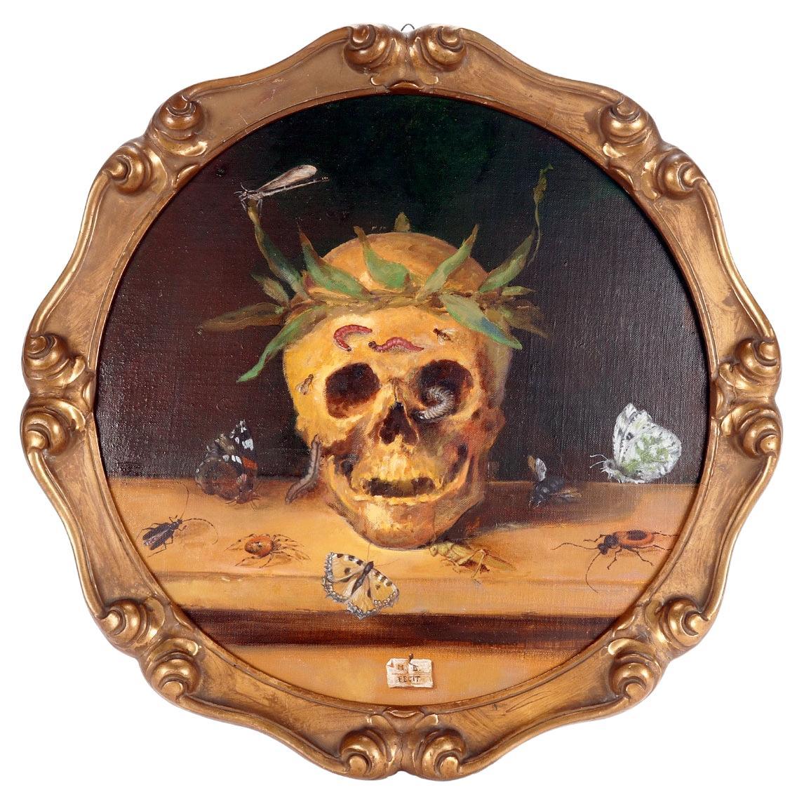 El cuadro presenta una forma inusual, la del círculo, una referencia directa al retrato clipeado de la tradición romana. El marco es de madera de frutal acabada en pastille y dorada que ve la reiteración de un módulo curvilíneo en el perfil que
