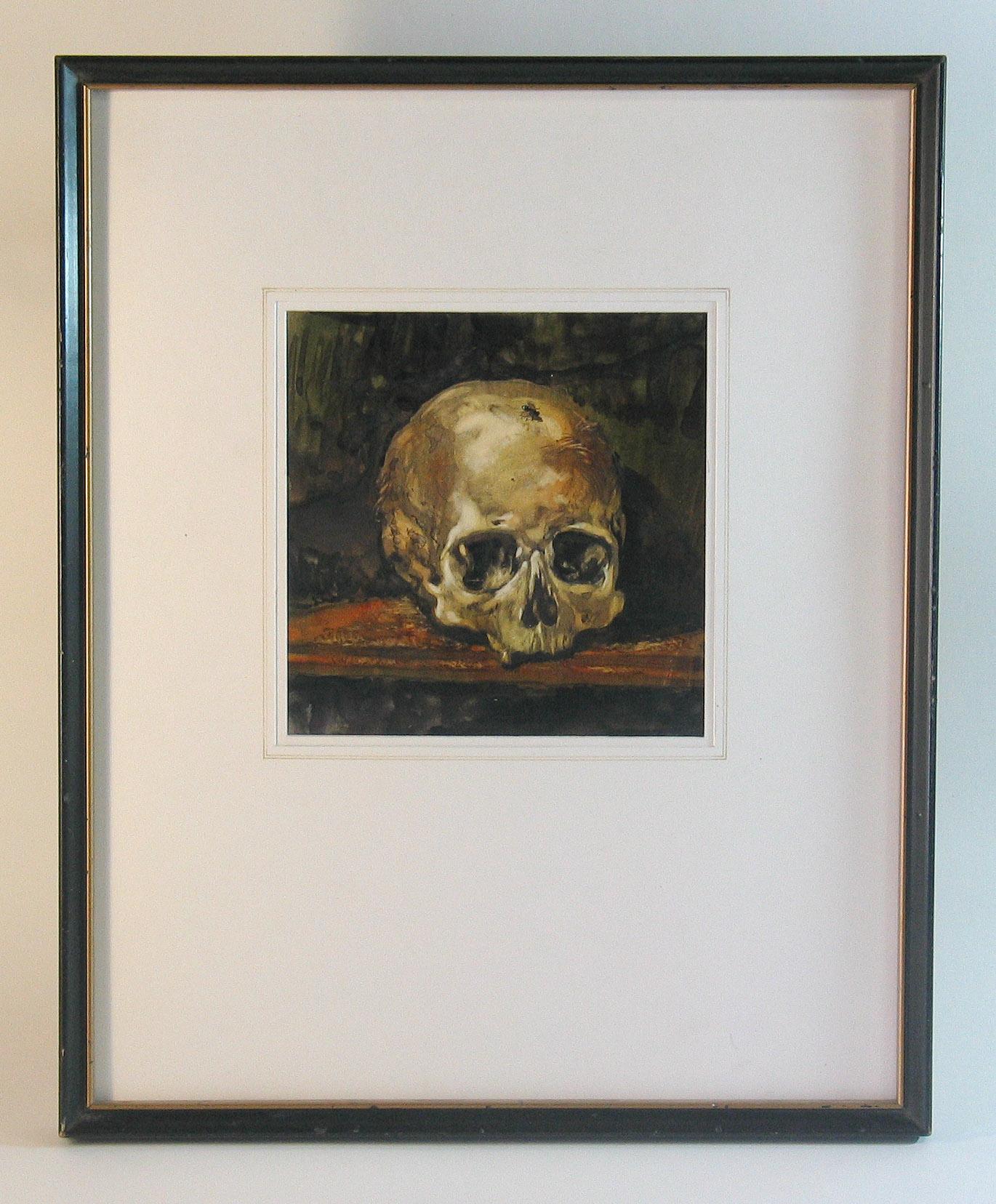 Paper Vanitas Still Life with a Skull Watercolor Central European School For Sale