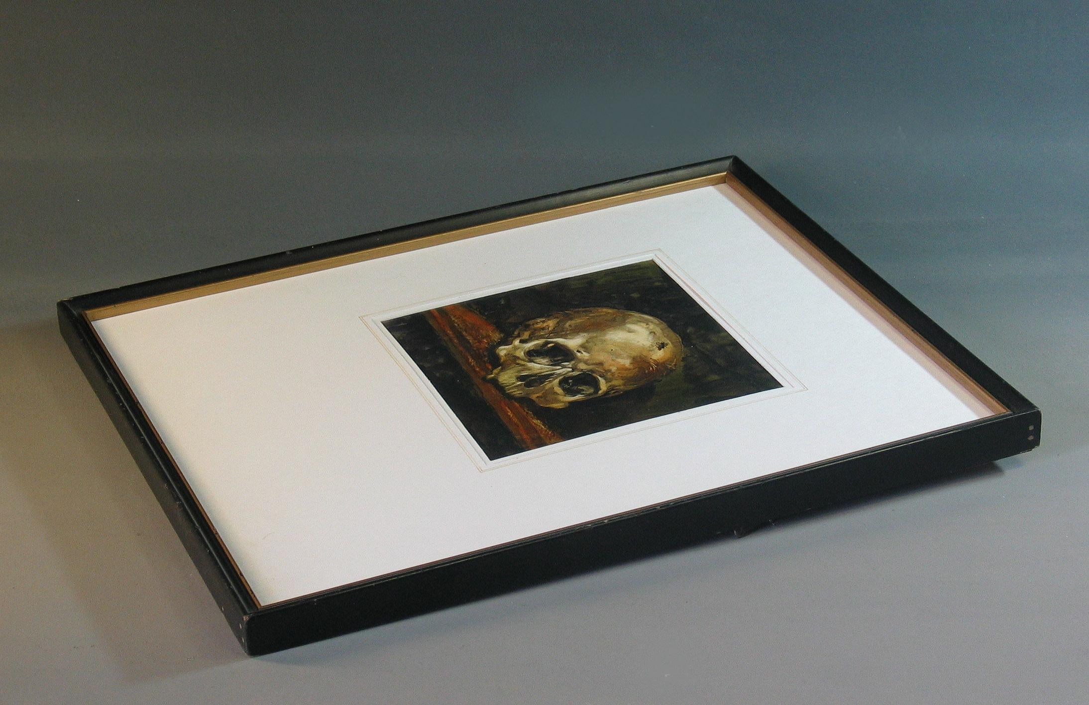 Hand-Painted Vanitas Still Life with a Skull Watercolor Central European School For Sale