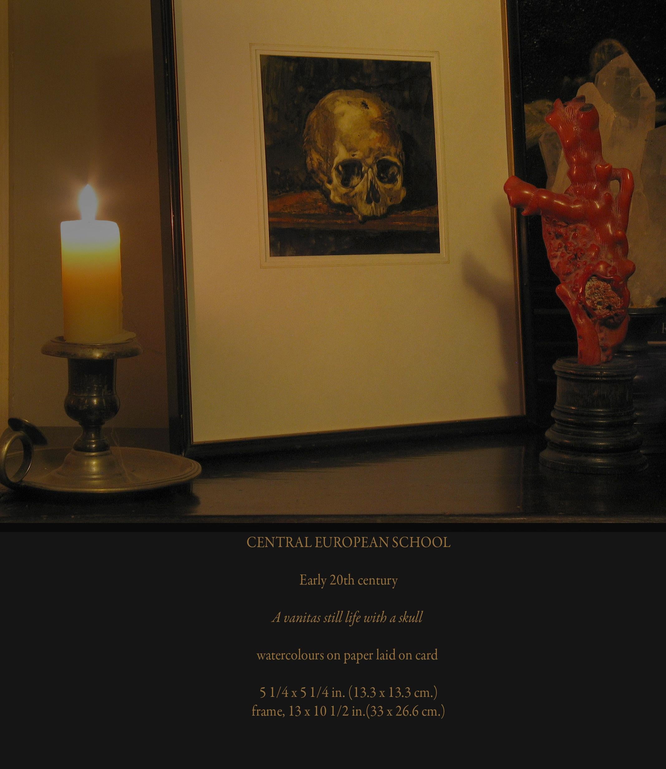 20th Century Vanitas Still Life with a Skull Watercolor Central European School For Sale
