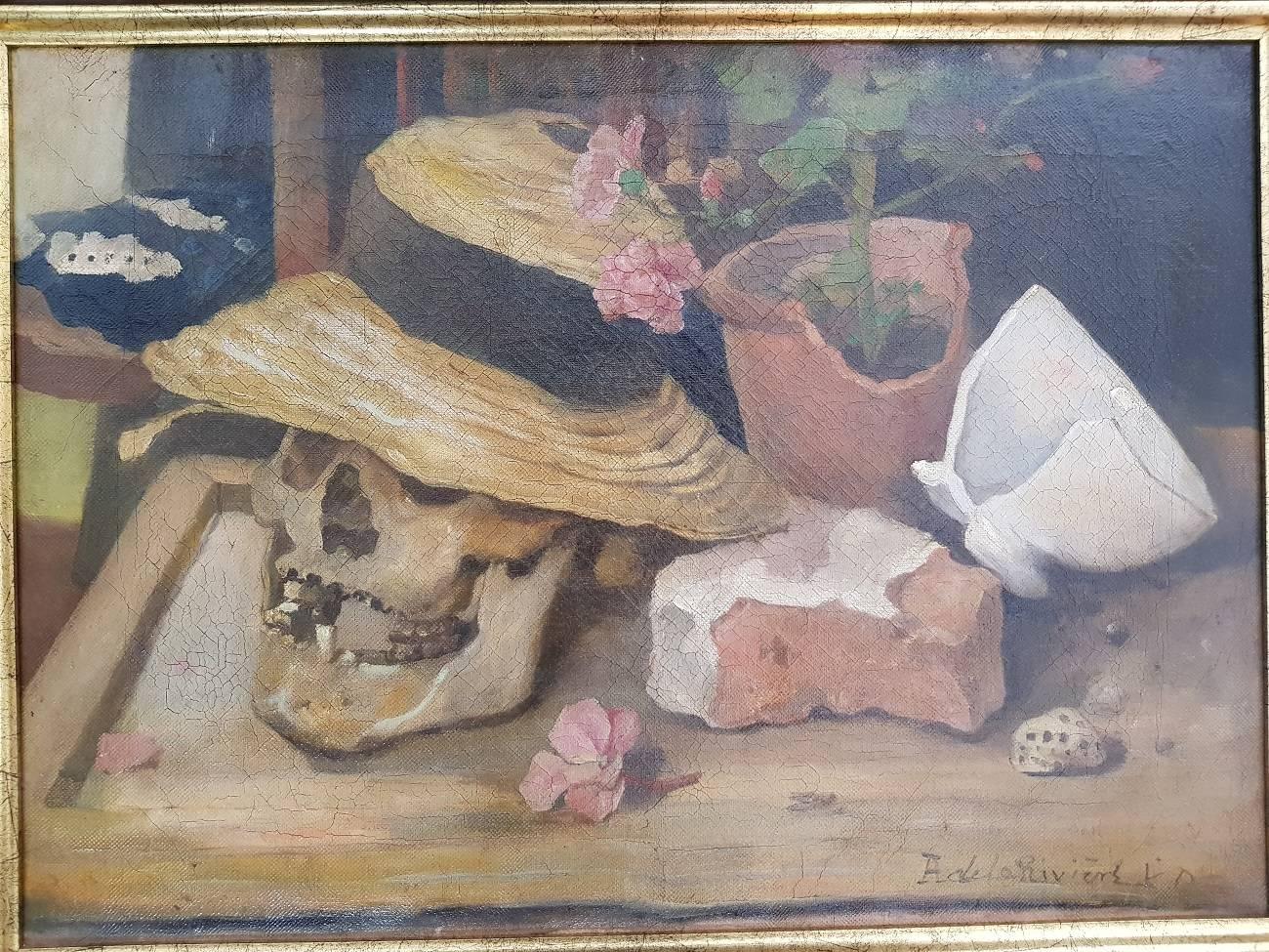 Vanitas genre painting on canvas and signed lower right by Adriaan La Rivière (1857-1941). Presenting a skull with hat and flowers in a broken pot (painting has crackle).

The measurements are,
Depth 5.5 cm/ 2.1 inch.
Width 67 cm/ 26.3