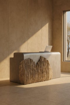 Vanité Unique Console Table in Carved Travertine Stone & Steel by Andres Monnier