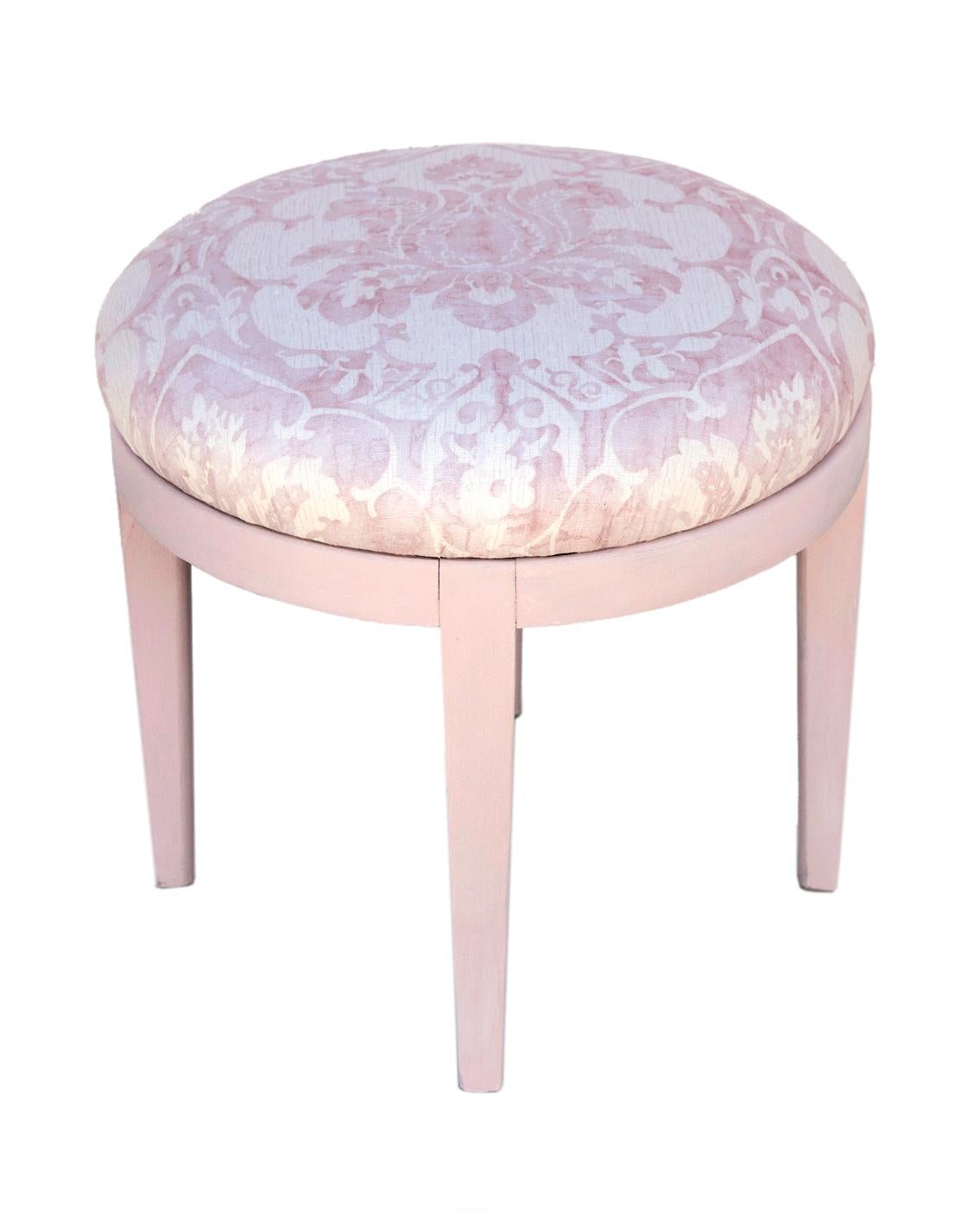 Early mid century hardwood vanity stool. Atop the hand-painted blonde hardwood base, in multi shades of lilac & cream sits a soft-upholstered rounded seat fine French linen.