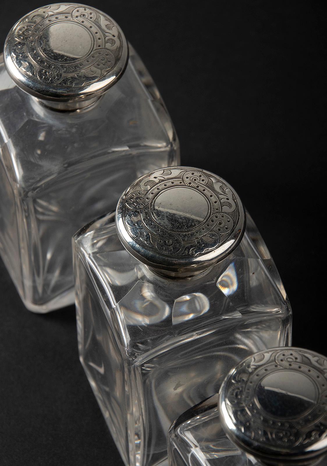 Wood Vanity Case with Crystal Boxes and Sterling Silver Lids by George Betjemann 1870 For Sale