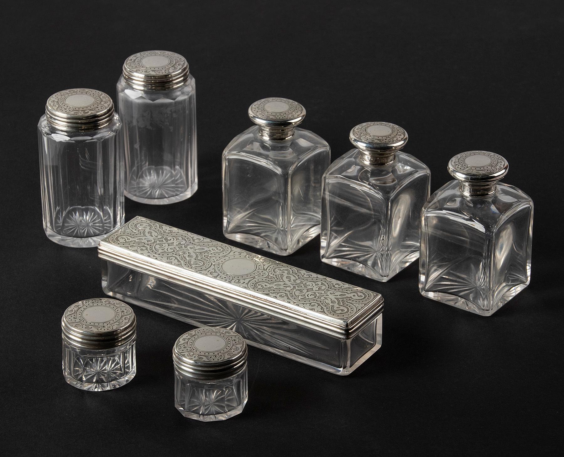 Victorian Vanity Case with Crystal Boxes and Sterling Silver Lids by George Betjemann 1870 For Sale