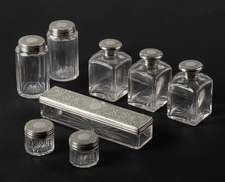 Vanity Case with Crystal Boxes and Sterling Silver Lids by Betjemann 1870 For Sale at