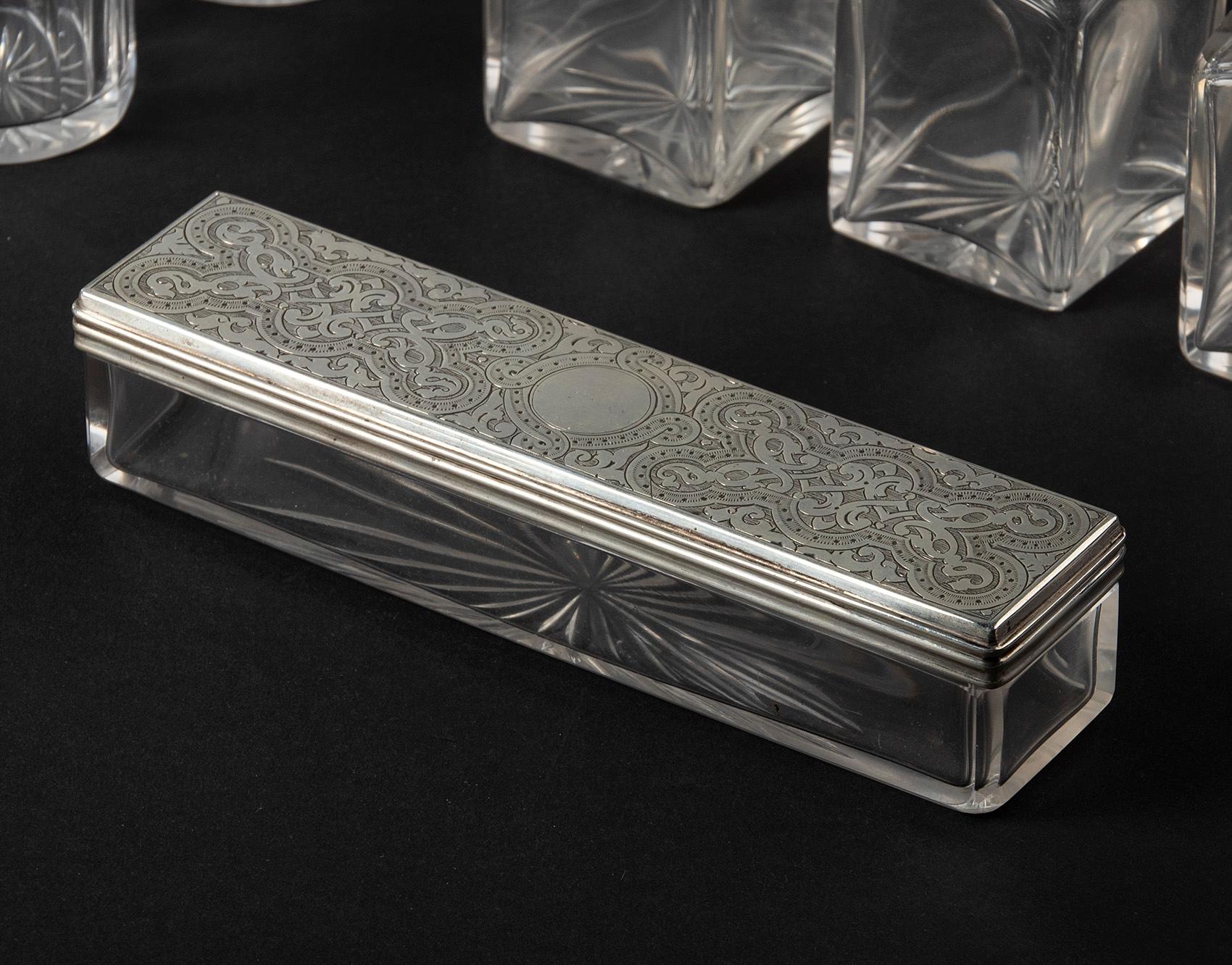 English Vanity Case with Crystal Boxes and Sterling Silver Lids by George Betjemann 1870 For Sale