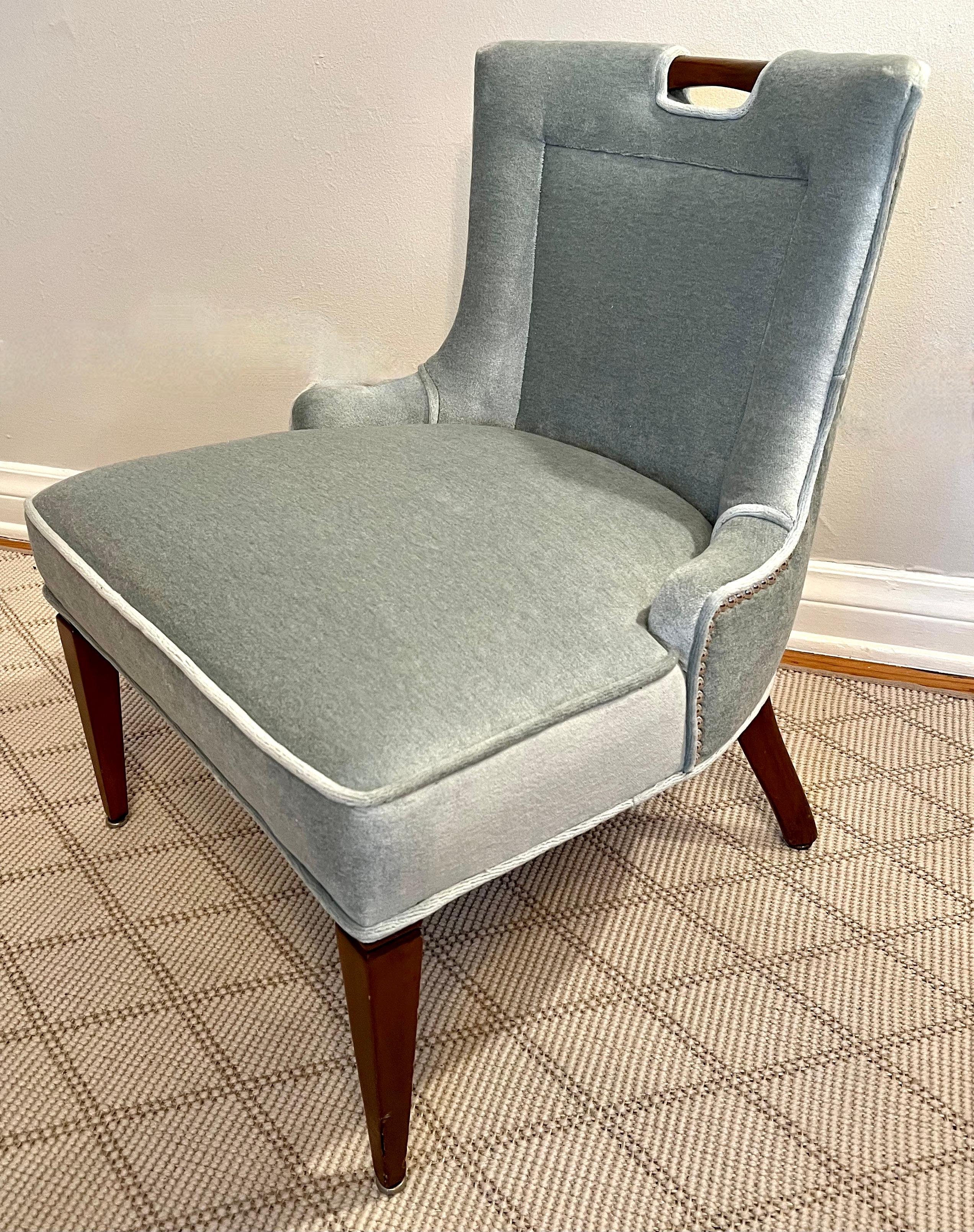 Mid-Century Modern Vanity Chair Upholstered in Mohair with Wood Handle and Nail Details