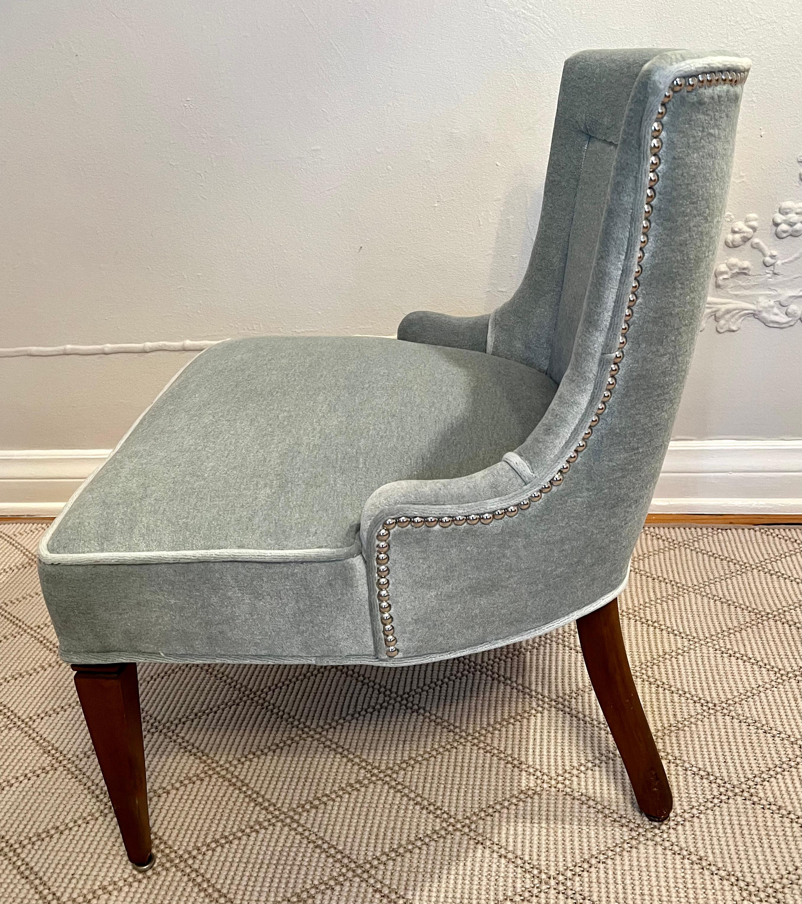 Vanity Chair Upholstered in Mohair with Wood Handle and Nail Details In Good Condition In Los Angeles, CA