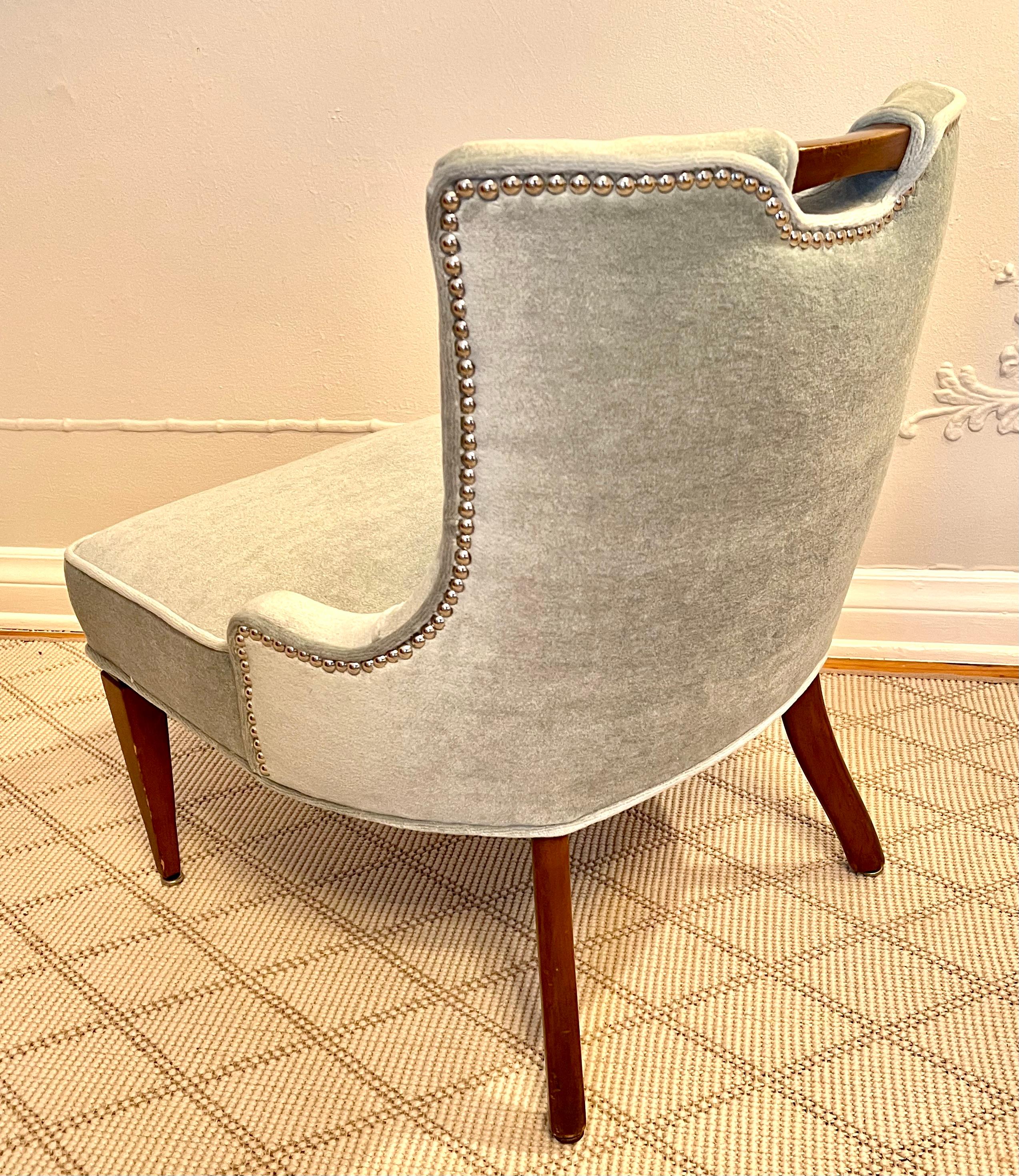 Upholstery Vanity Chair Upholstered in Mohair with Wood Handle and Nail Details