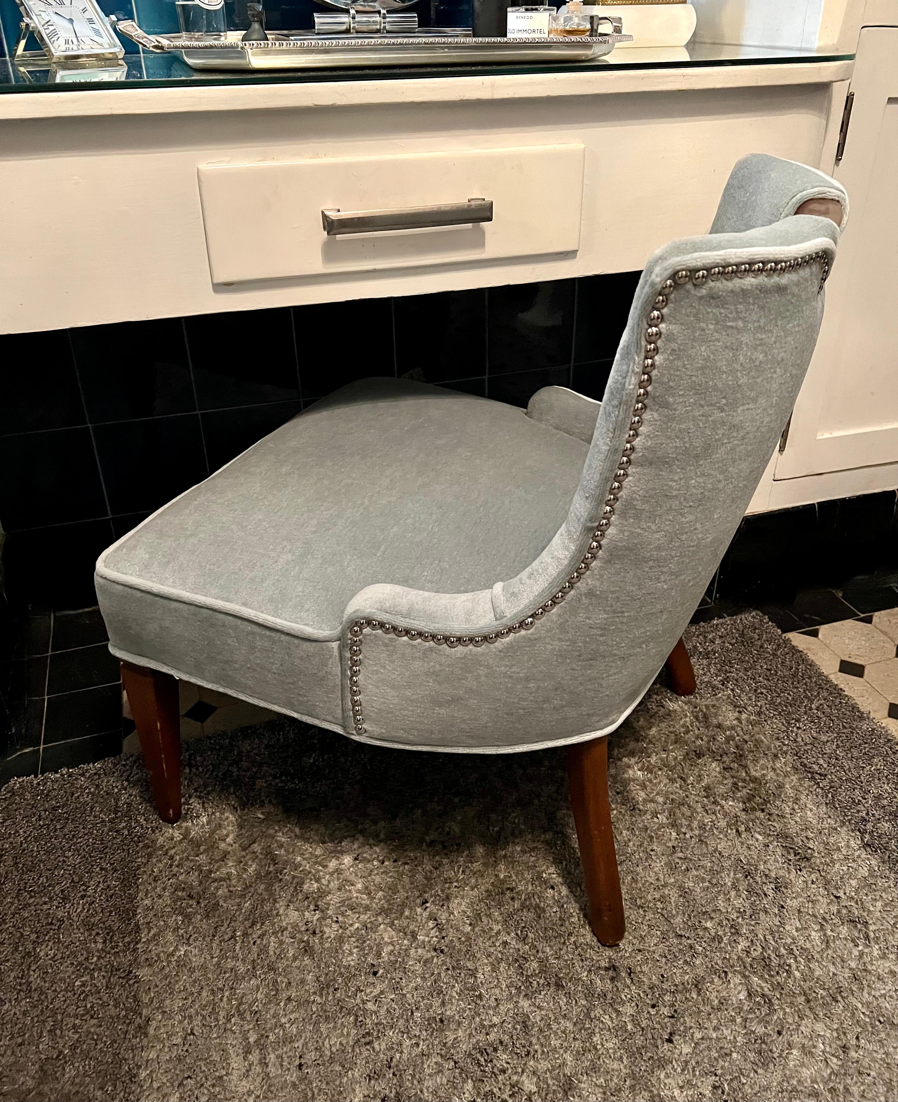 Vanity Chair Upholstered in Mohair with Wood Handle and Nail Details 3
