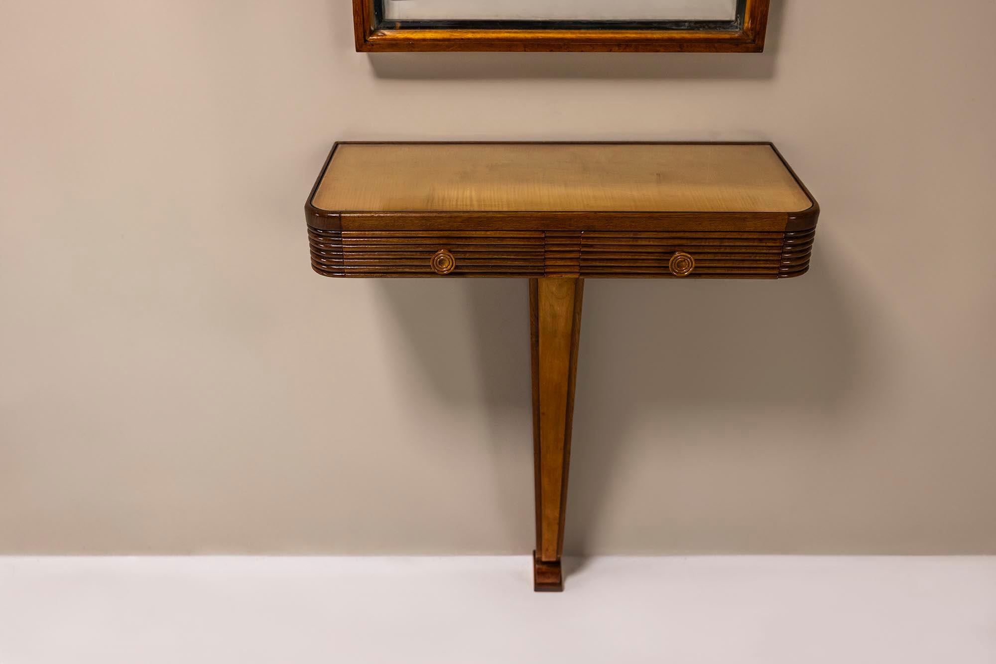 Italian Vanity Console and Mirror in Walnut and Glass in the Style of Paolo Buffa