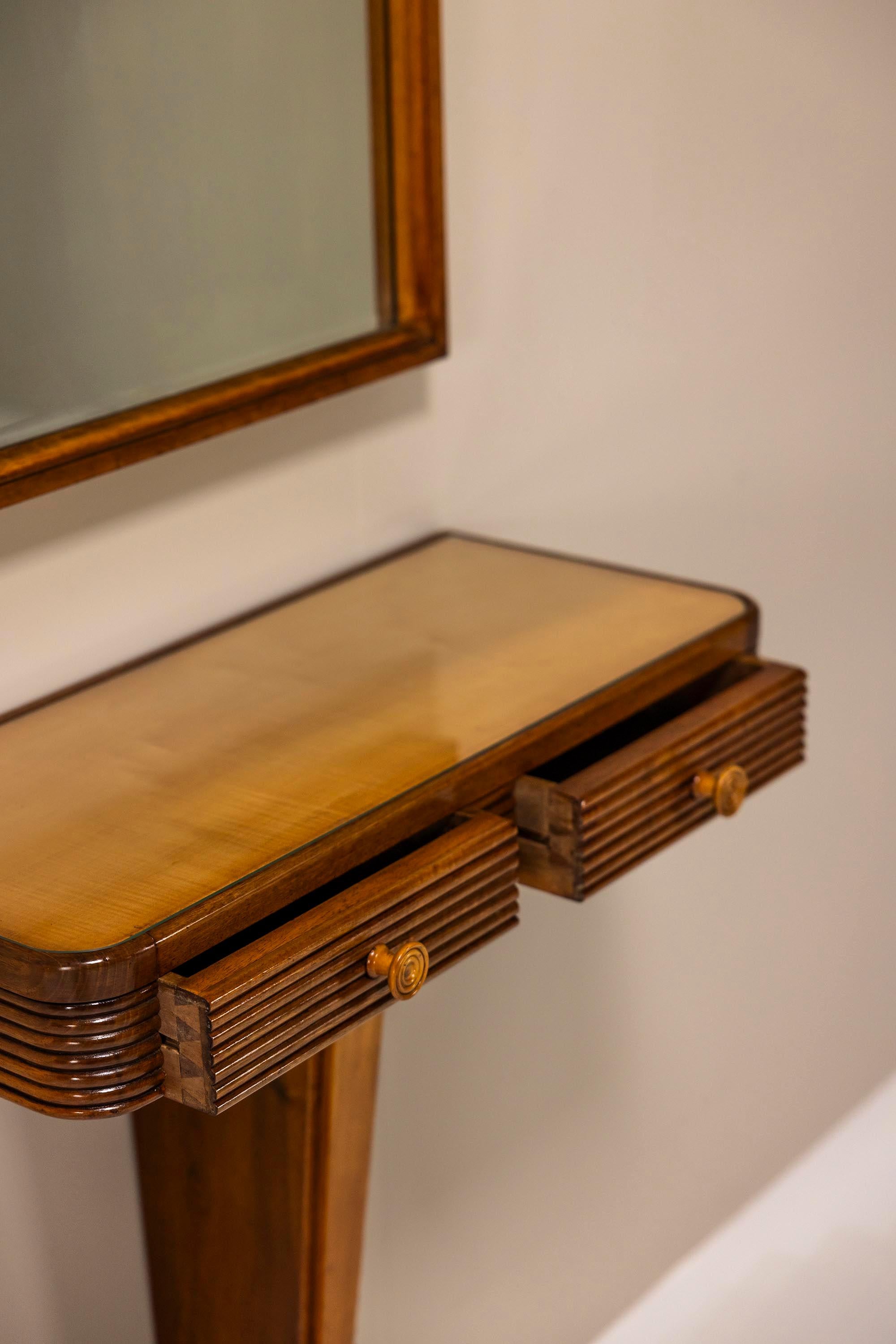 Vanity Console and Mirror in Walnut and Glass in the Style of Paolo Buffa In Good Condition In Hellouw, NL