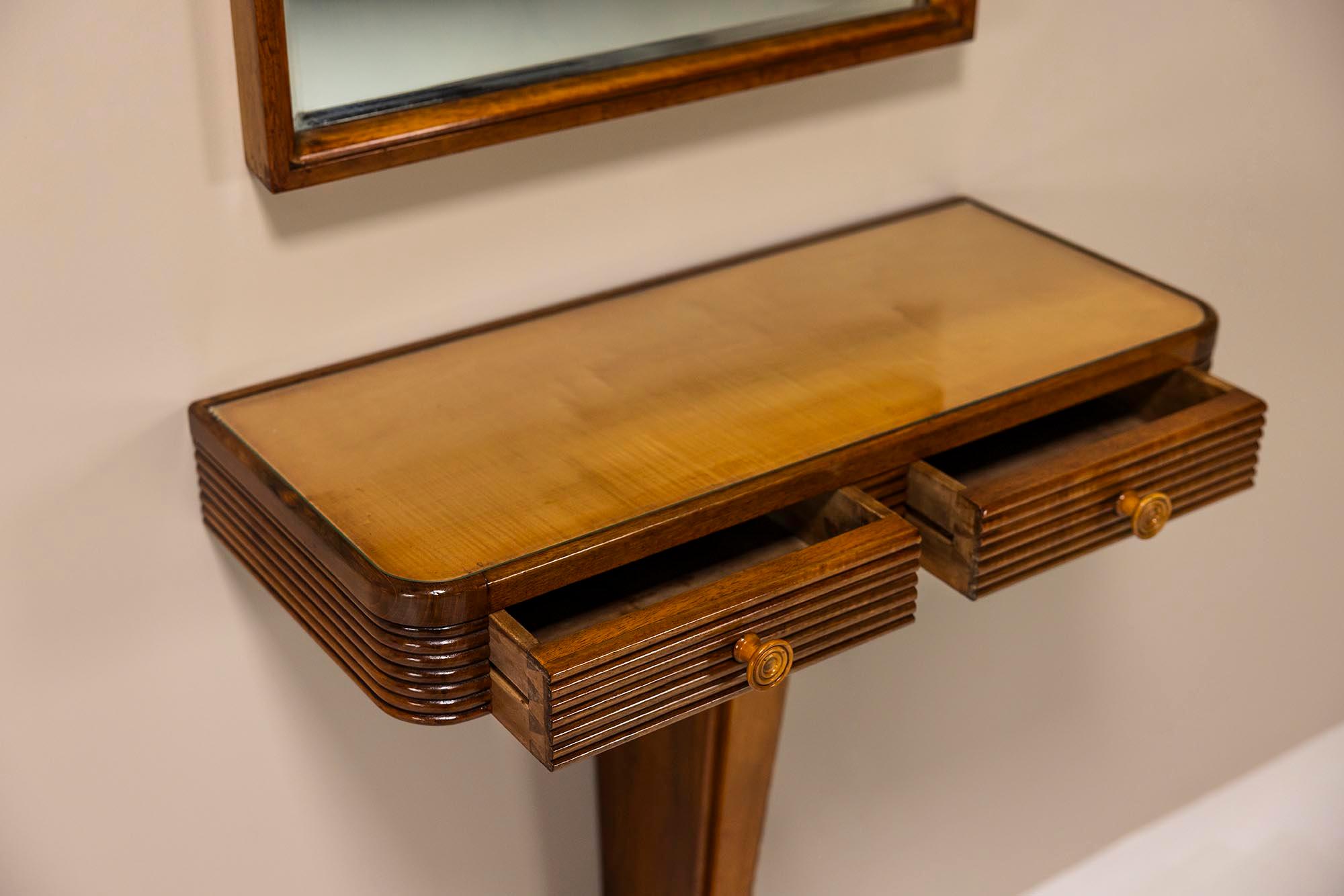 Mid-20th Century Vanity Console and Mirror in Walnut and Glass in the Style of Paolo Buffa