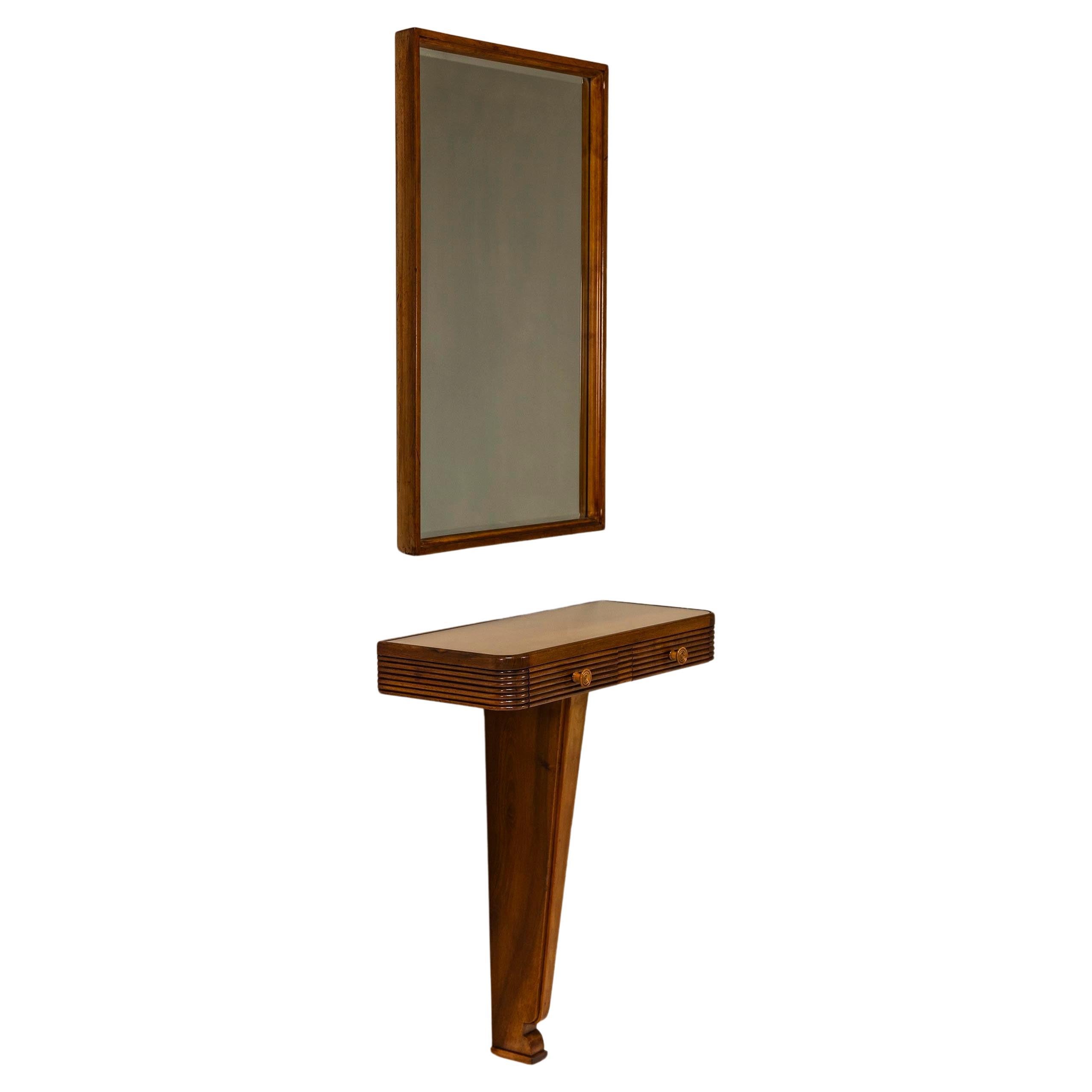 Vanity Console and Mirror in Walnut and Glass in the Style of Paolo Buffa
