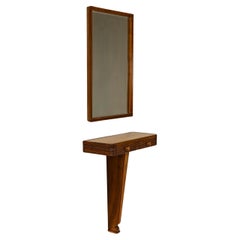 Vintage Vanity Console and Mirror in Walnut and Glass in the Style of Paolo Buffa