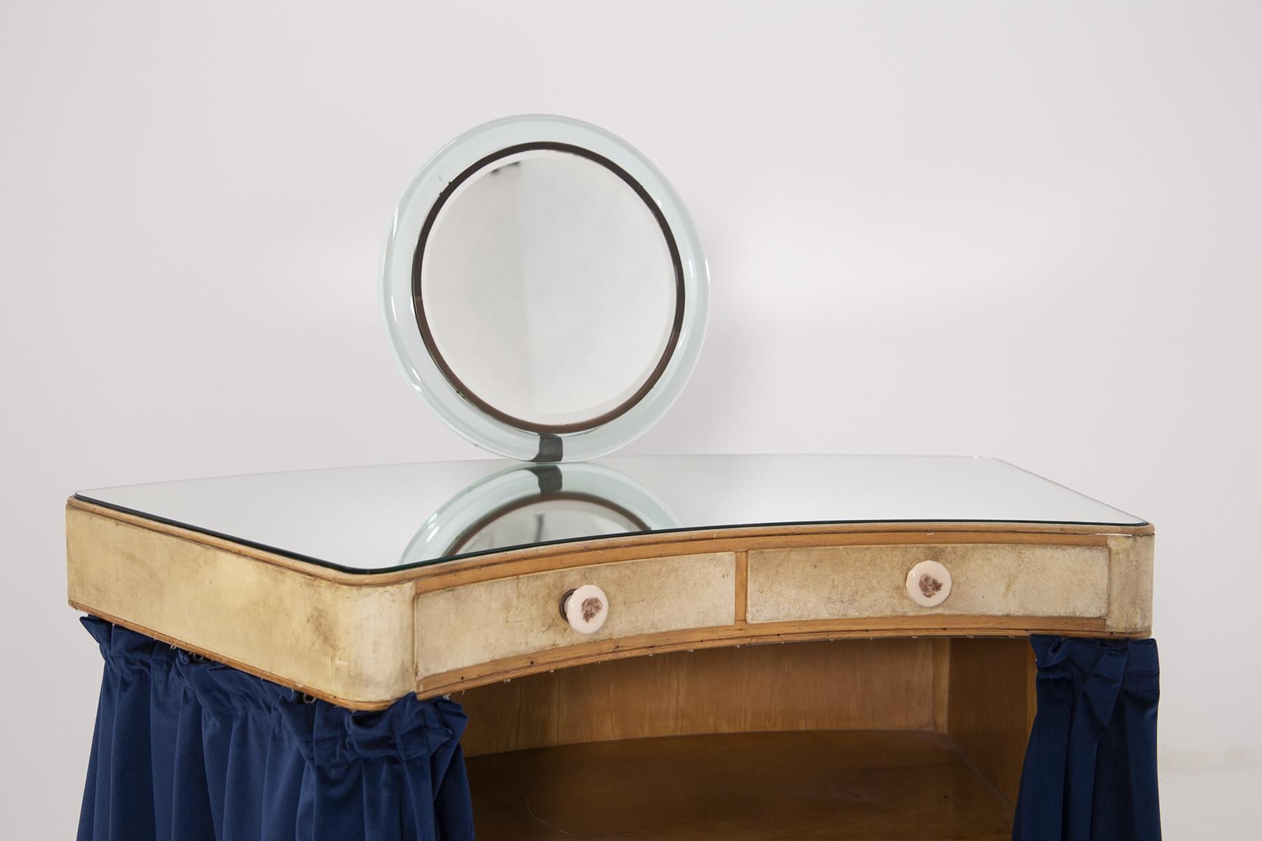Vanity Desk Attr. to Pietro Chiesa in Art Glass, Parchment and Blue Velvet 7