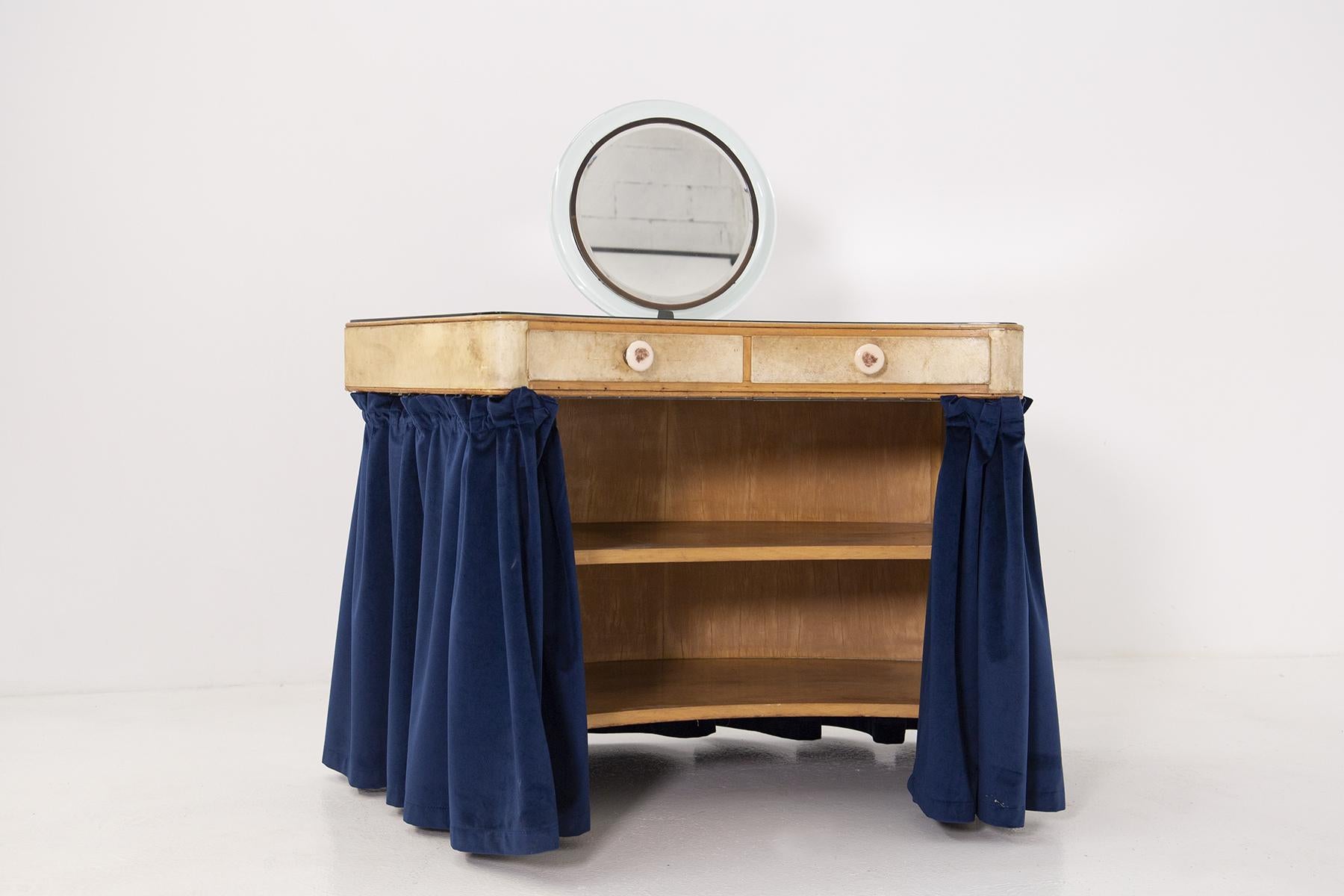 Vanity Desk Attr. to Pietro Chiesa in Art Glass, Parchment and Blue Velvet 9