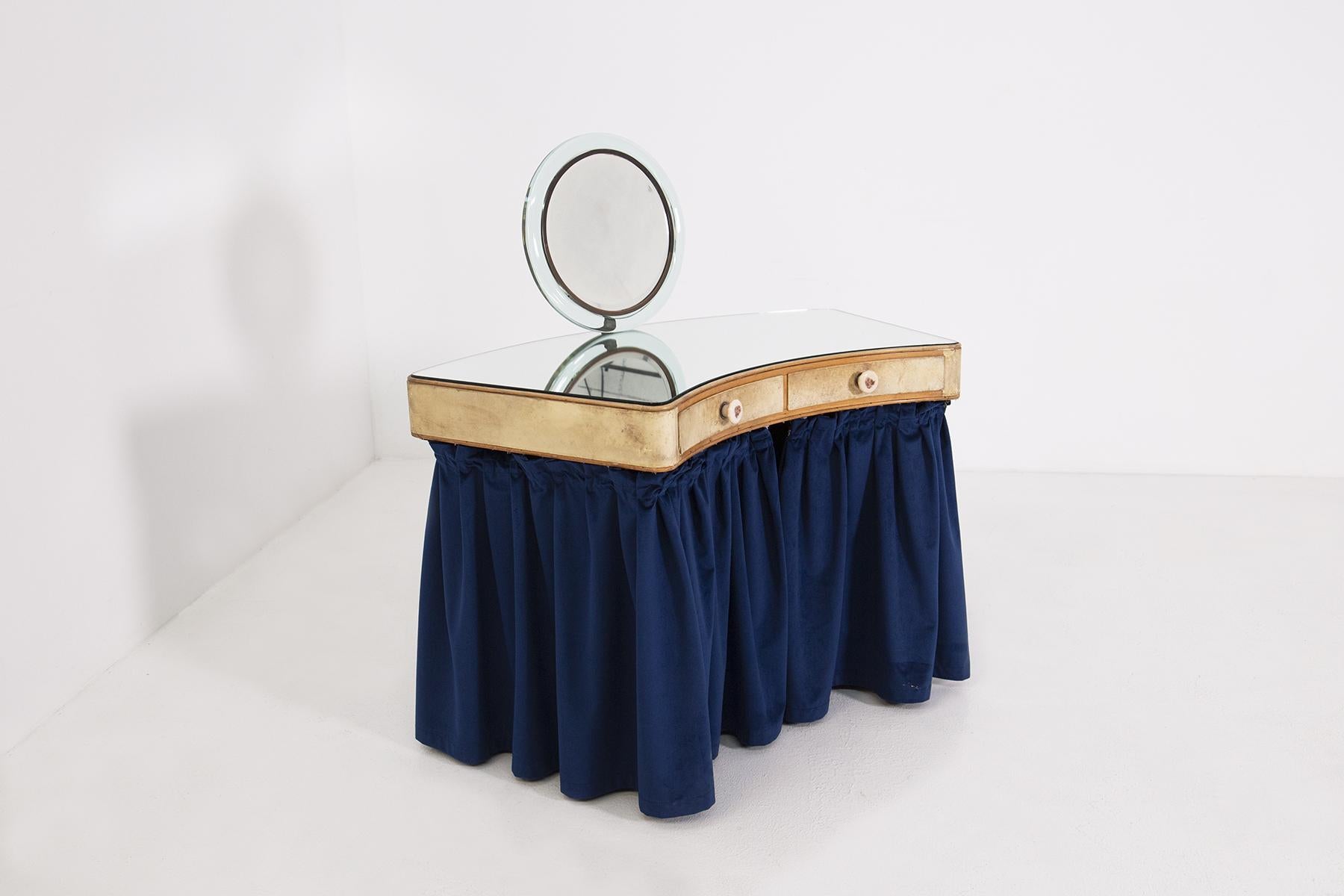 Mid-Century Modern Vanity Desk Attr. to Pietro Chiesa in Art Glass, Parchment and Blue Velvet