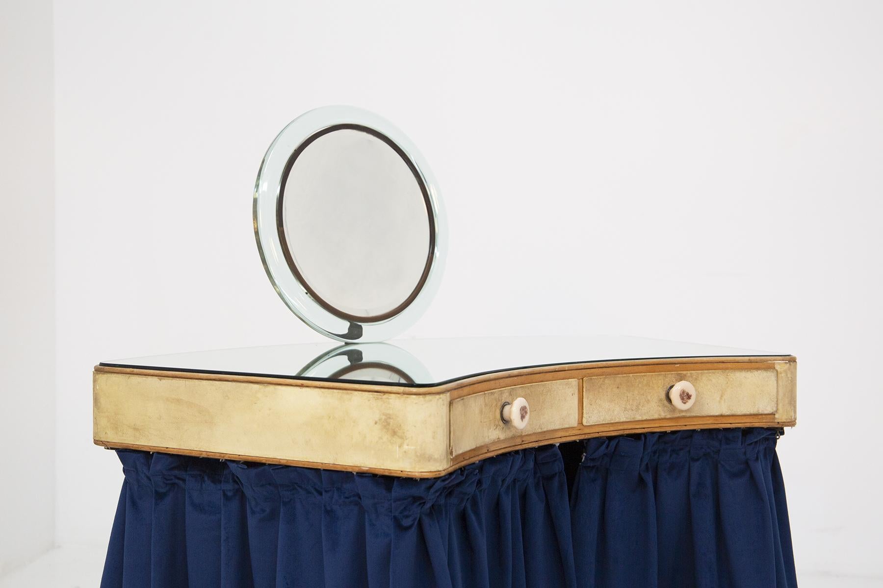 Italian Vanity Desk Attr. to Pietro Chiesa in Art Glass, Parchment and Blue Velvet