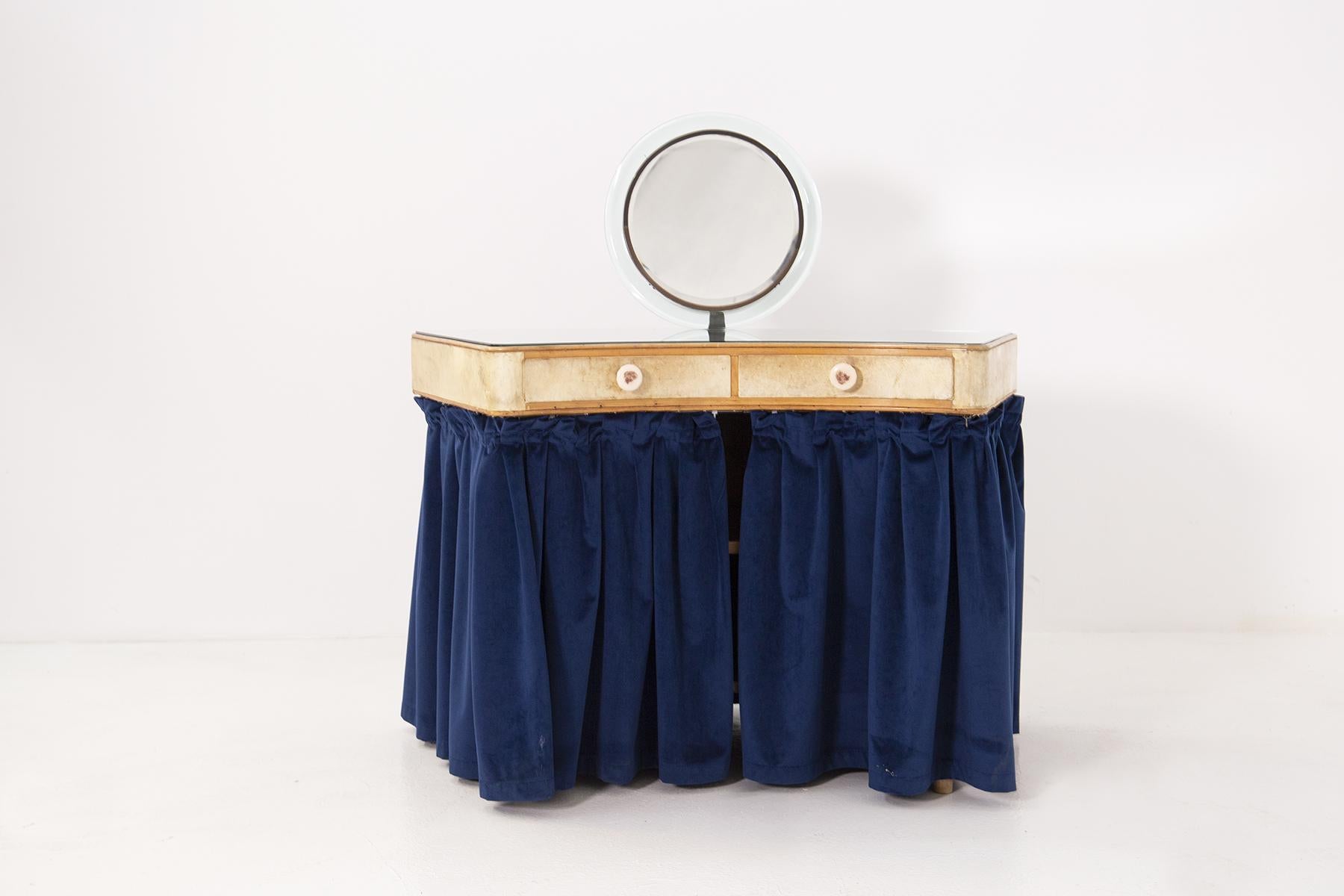 Vanity Desk Attr. to Pietro Chiesa in Art Glass, Parchment and Blue Velvet 1