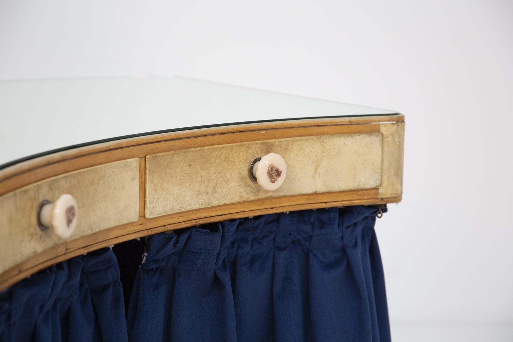 Vanity Desk Attr. to Pietro Chiesa in Art Glass, Parchment and Blue Velvet 2