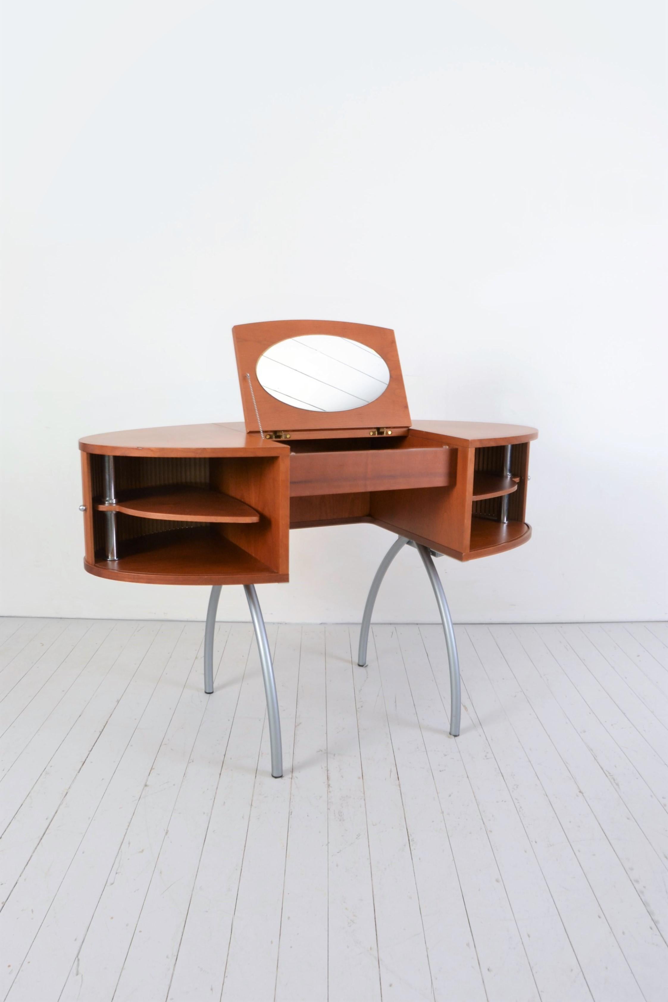 Unique sculptural postmodern vanity desk in cherry wood with chair included.
Beautifull handcrafted details with sliding doors.