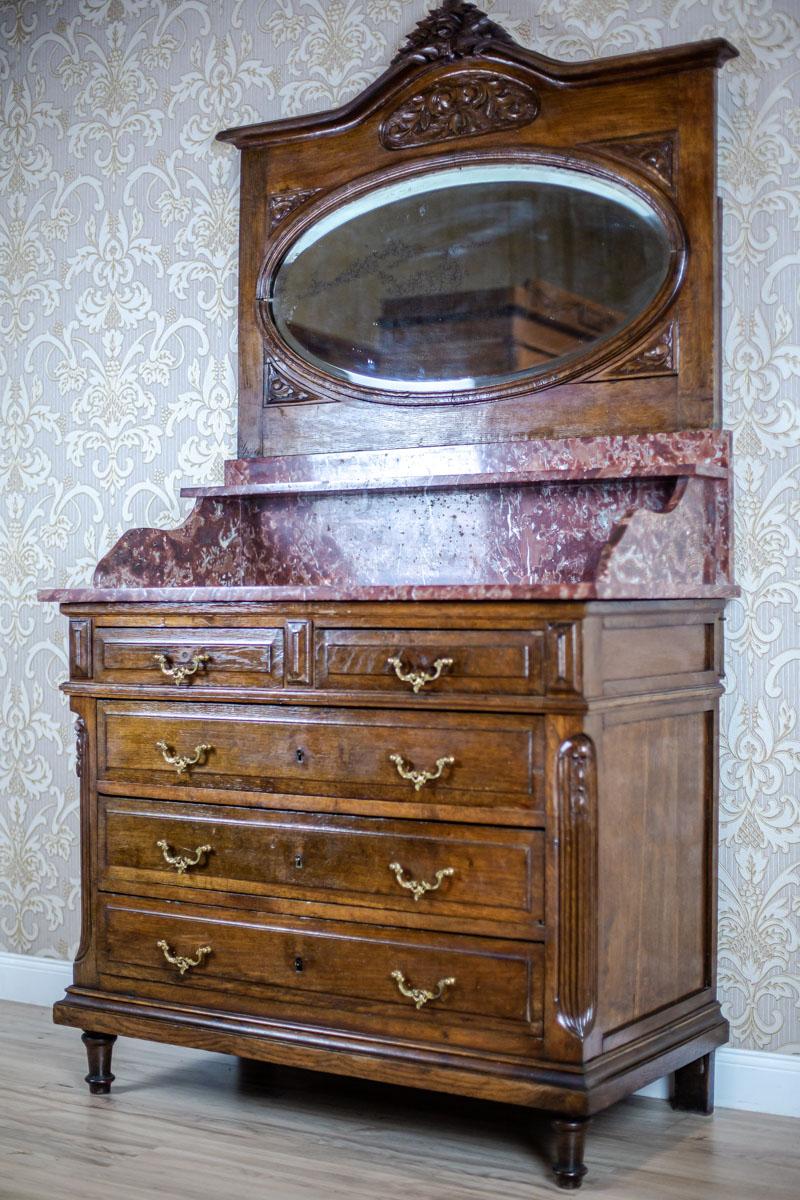 European Walnut Vanity Dresser from the Interwar Period with Marble Top For Sale